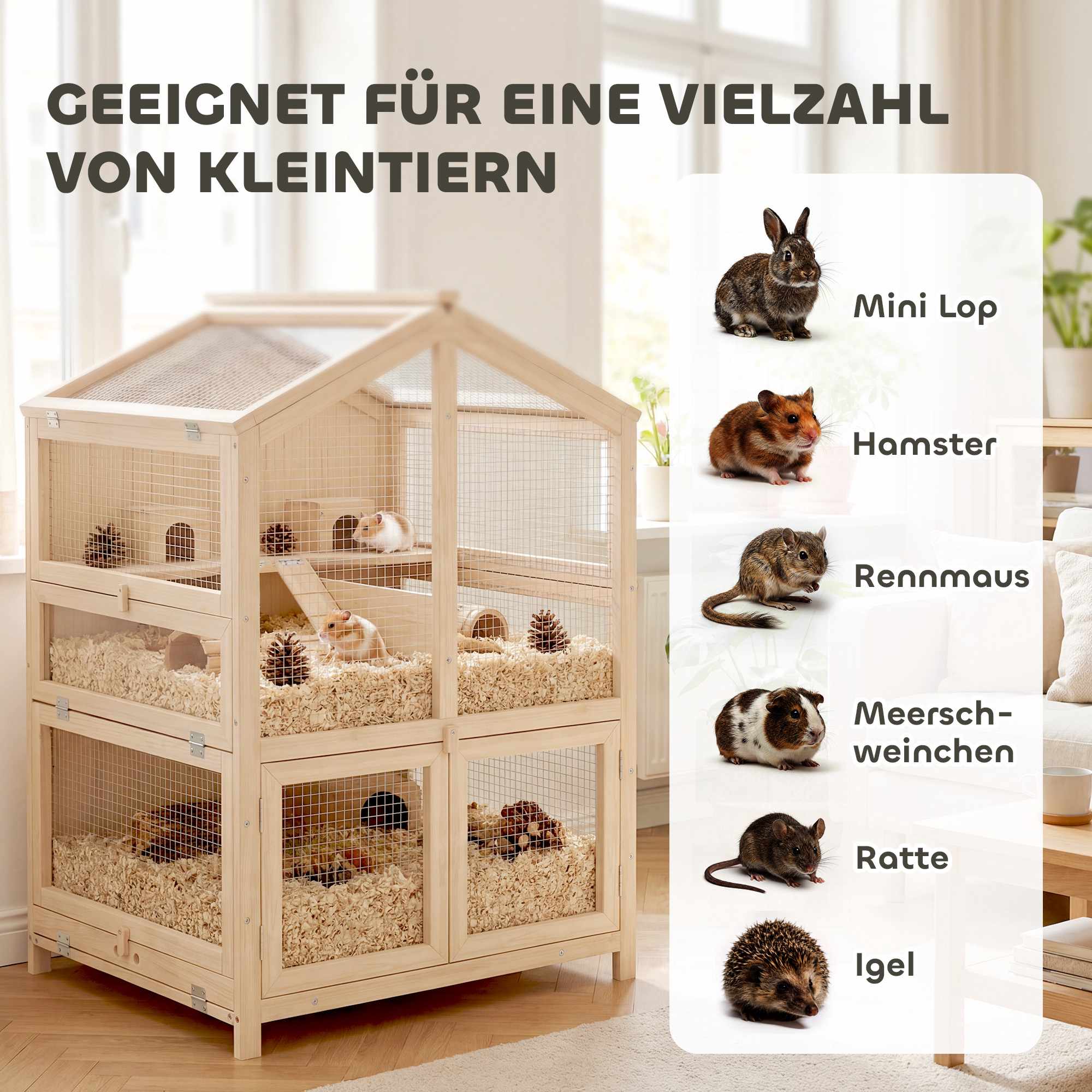 Hamsterbur, 3-vånings trähabitat med ramper, 68x61,5x90 cm