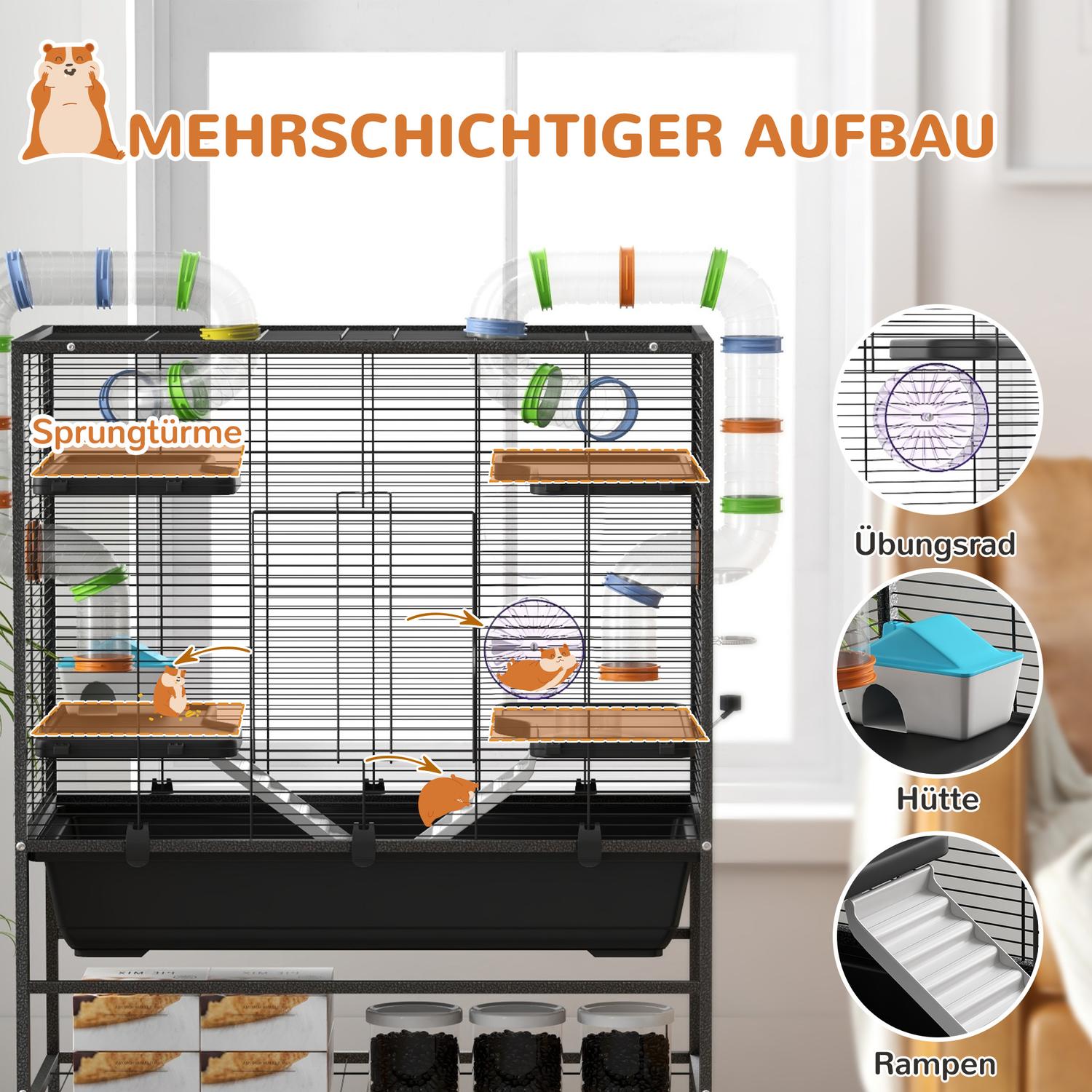Hamsterbur med hjul och tillbehör, svart