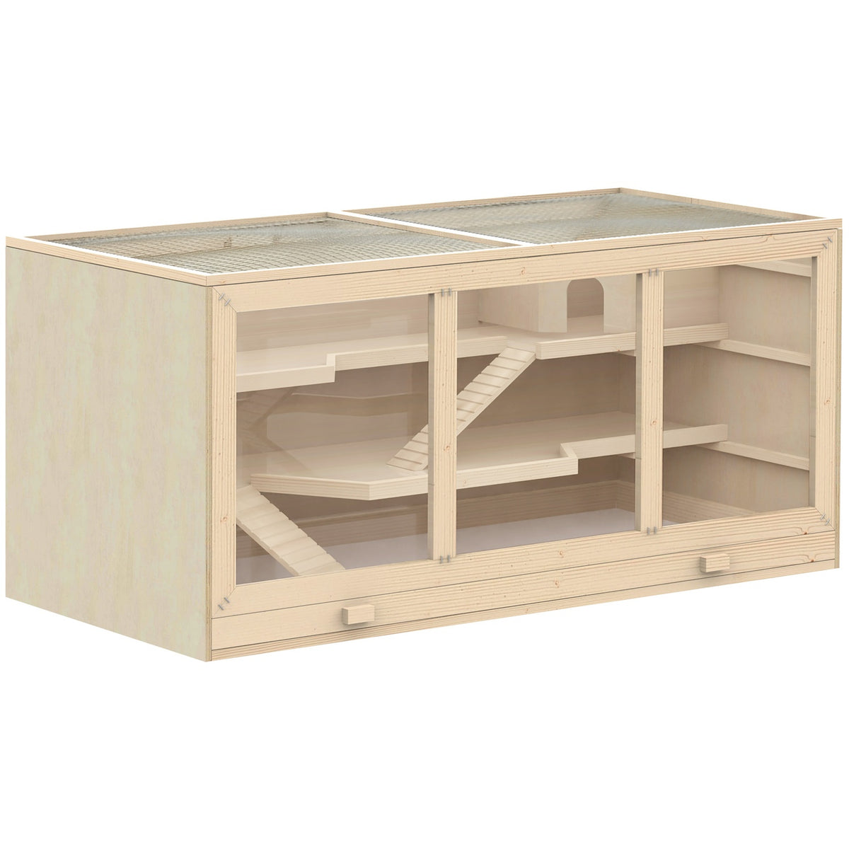 Cage à hamster avec escaliers, bois naturel, 3 étages, 115x57x55cm