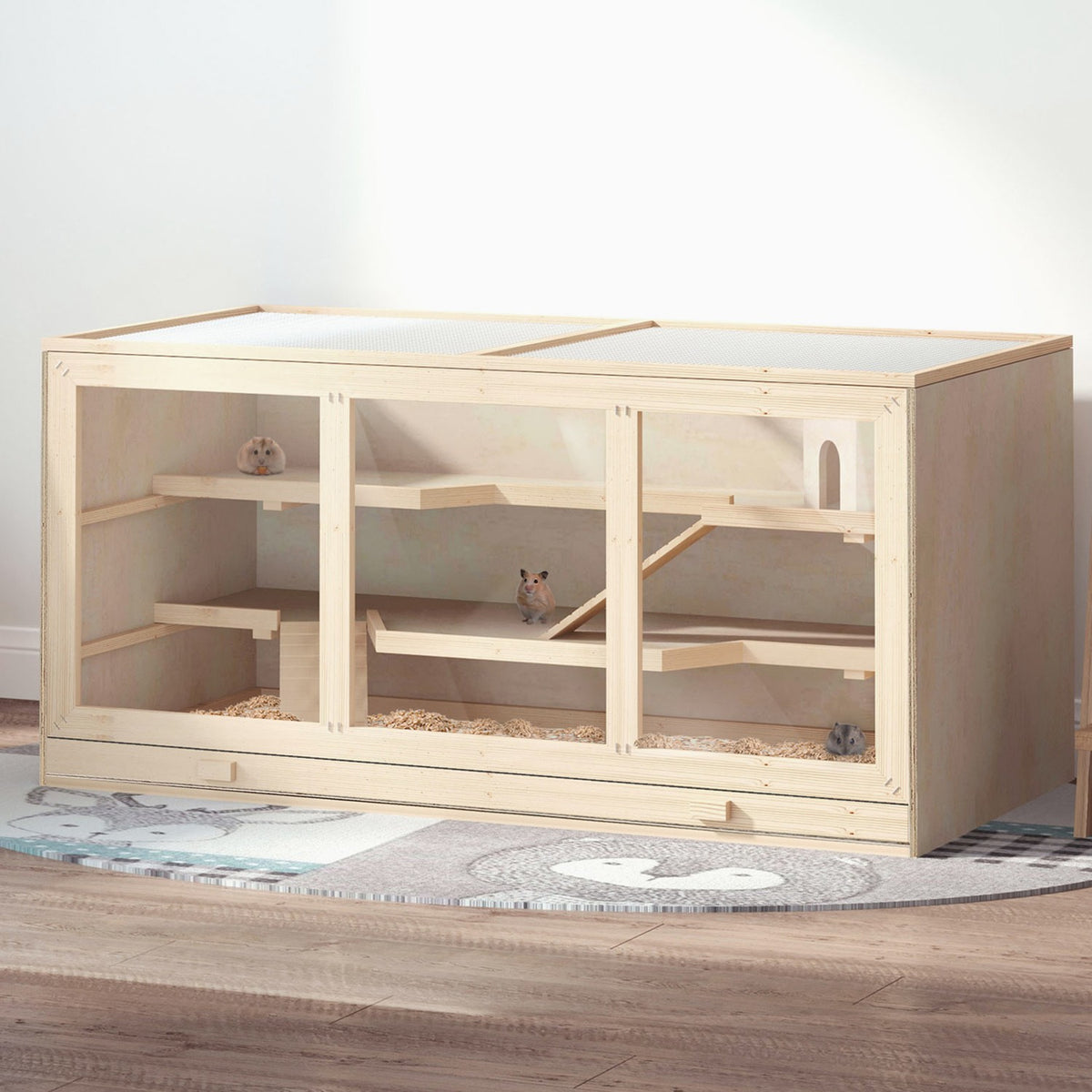 Cage à hamster avec escaliers, bois naturel, 3 étages, 115x57x55cm