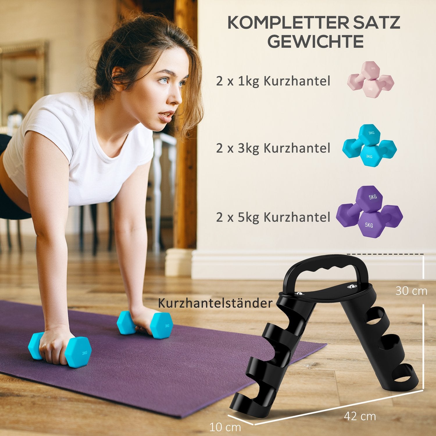Hantelset med ställ – 6 vikter: 2x1kg, 2x3kg, 2x5kg