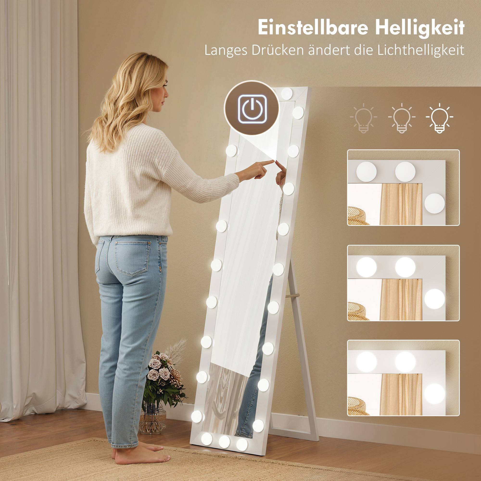 Helkroppsspegel 150x40 cm med LED-lampor, 3 ljuslägen