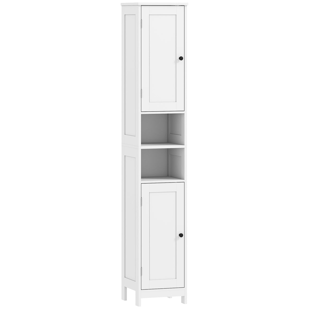 Högt badrumsskåp med dörrar, öppna hyllor, vit, 170 cm