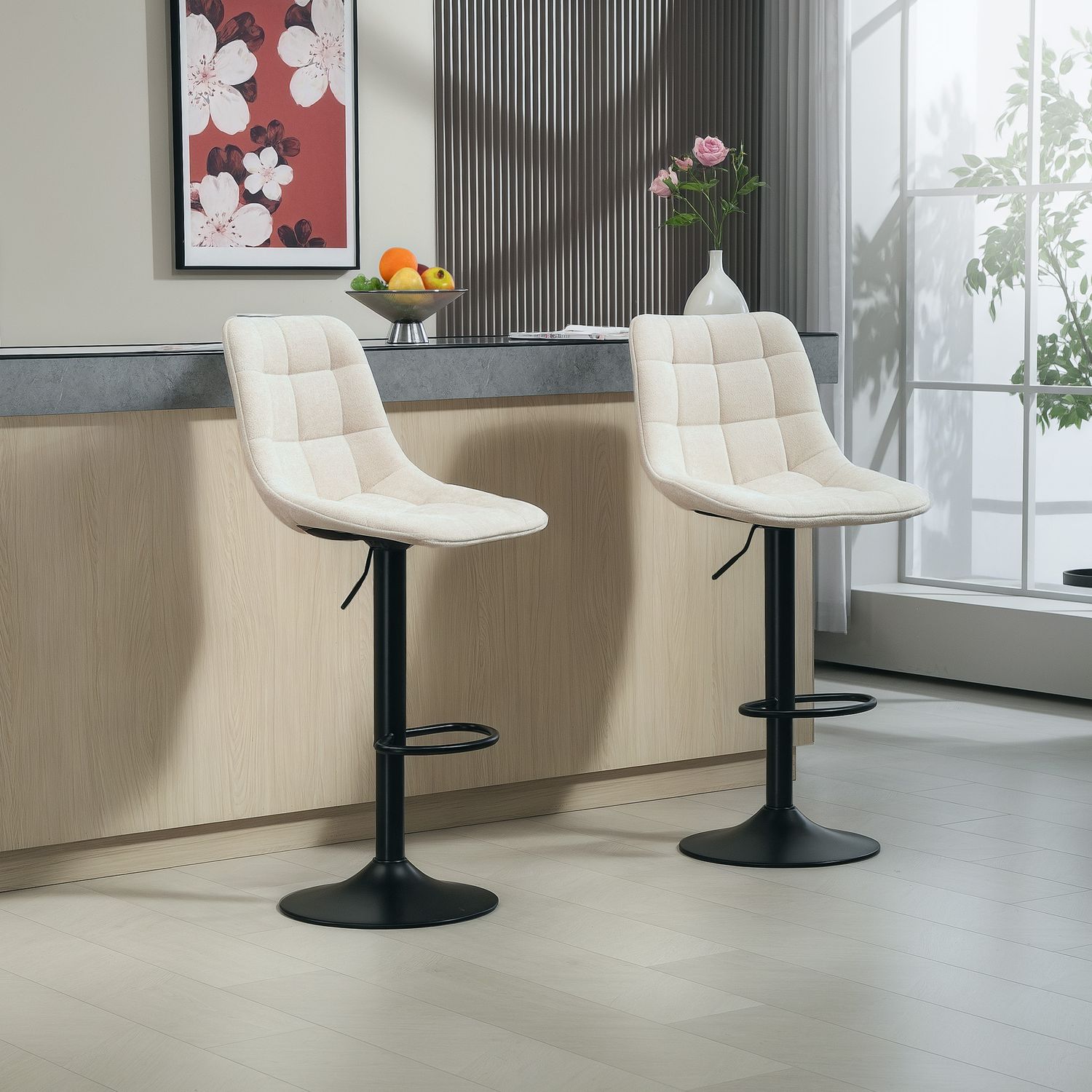 Höjdjusterbara beige barstolar, set om 2, 360° vridbar