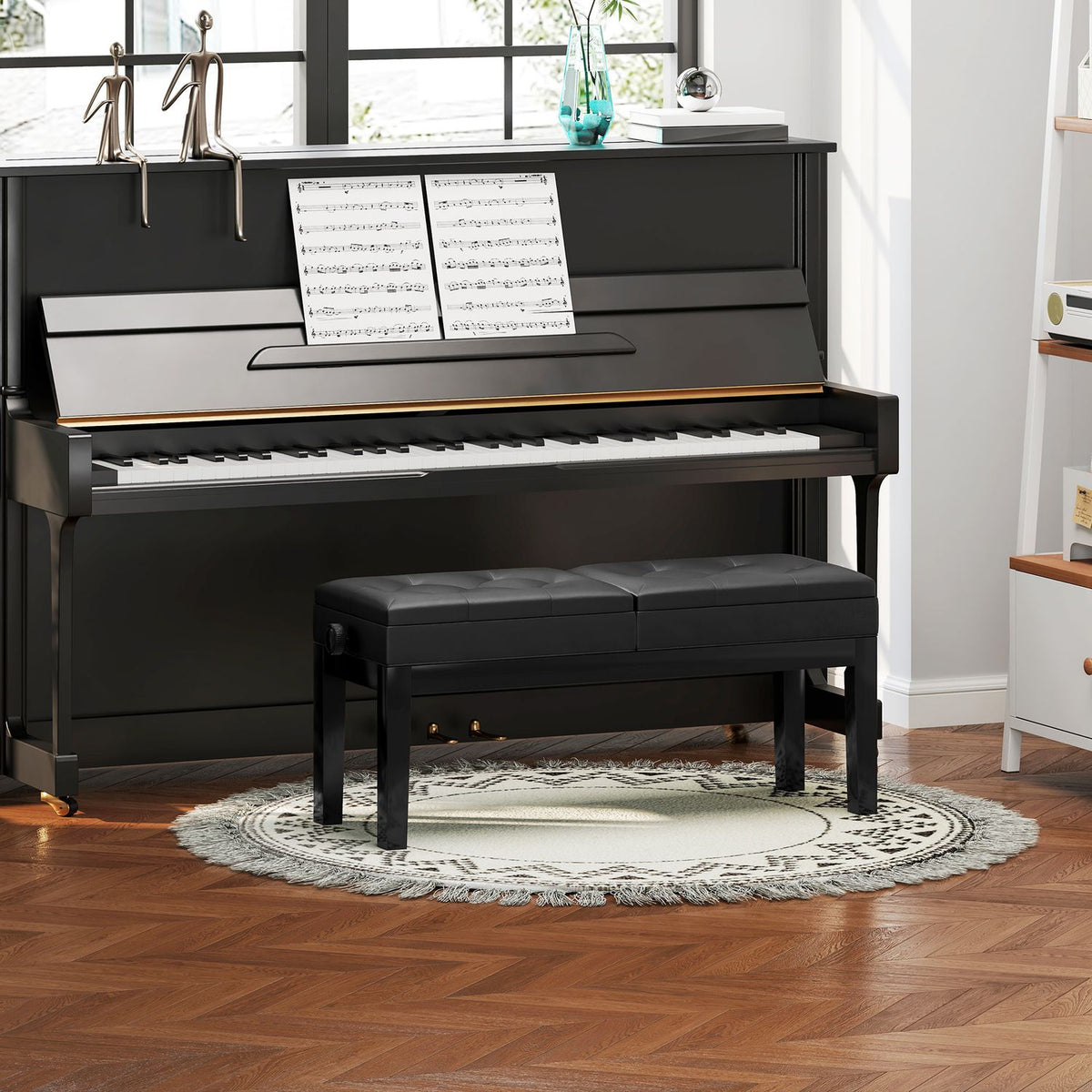 Banc de piano réglable en hauteur, rangement, similicuir noir