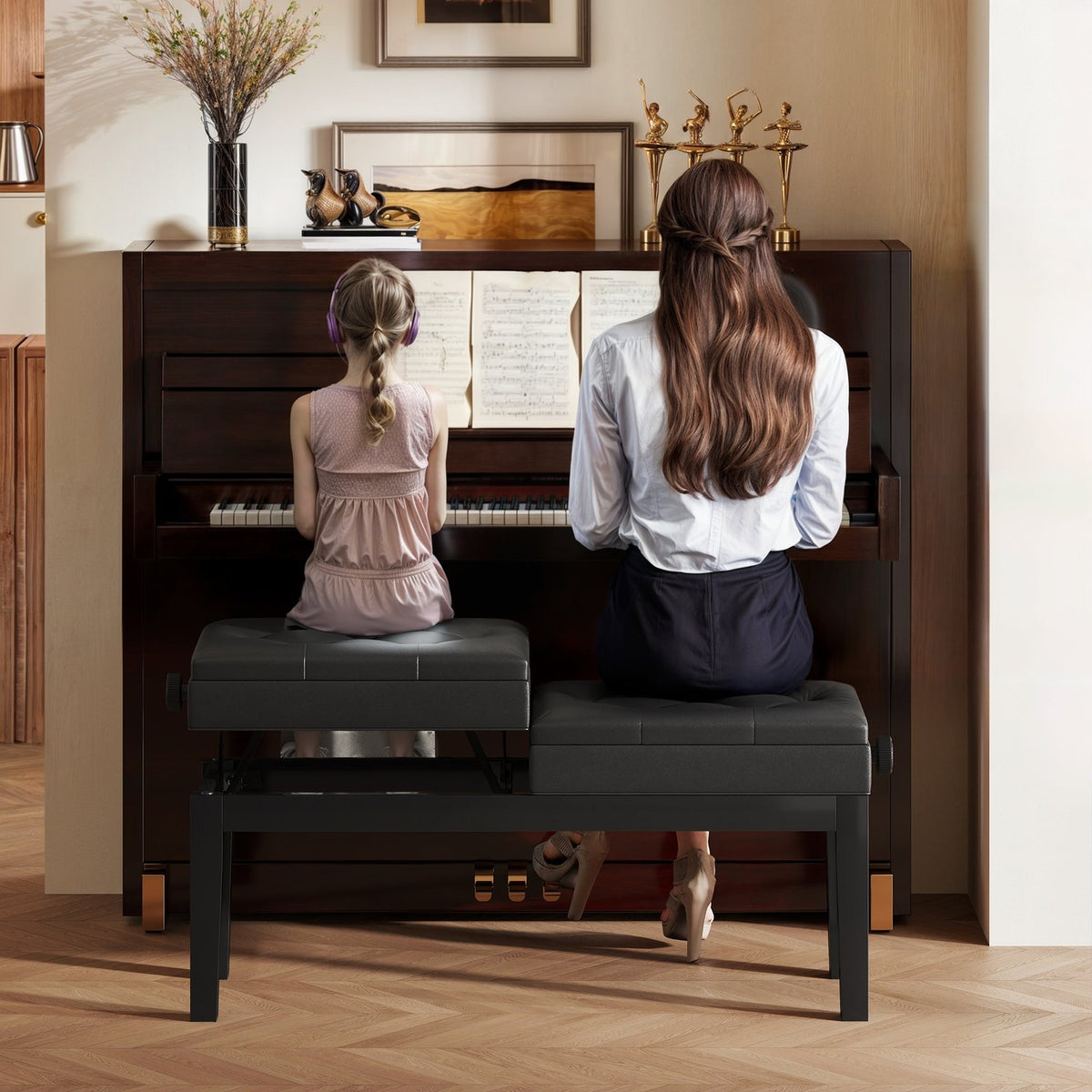 Banc de piano réglable en hauteur, rangement, similicuir noir