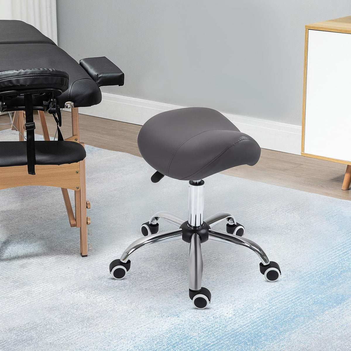 Tabouret de travail roulant réglable en hauteur, similicuir gris