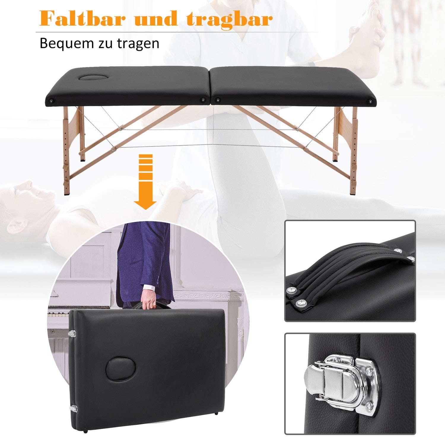 Höjdjusterbart massagebord i svart skum – poppelträ
