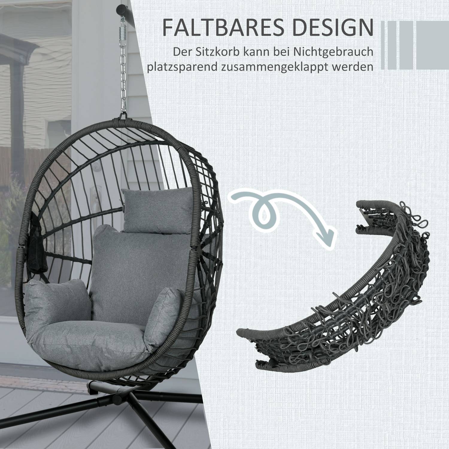 Hängande gungstol, rottinglook med kudde & mugghållare