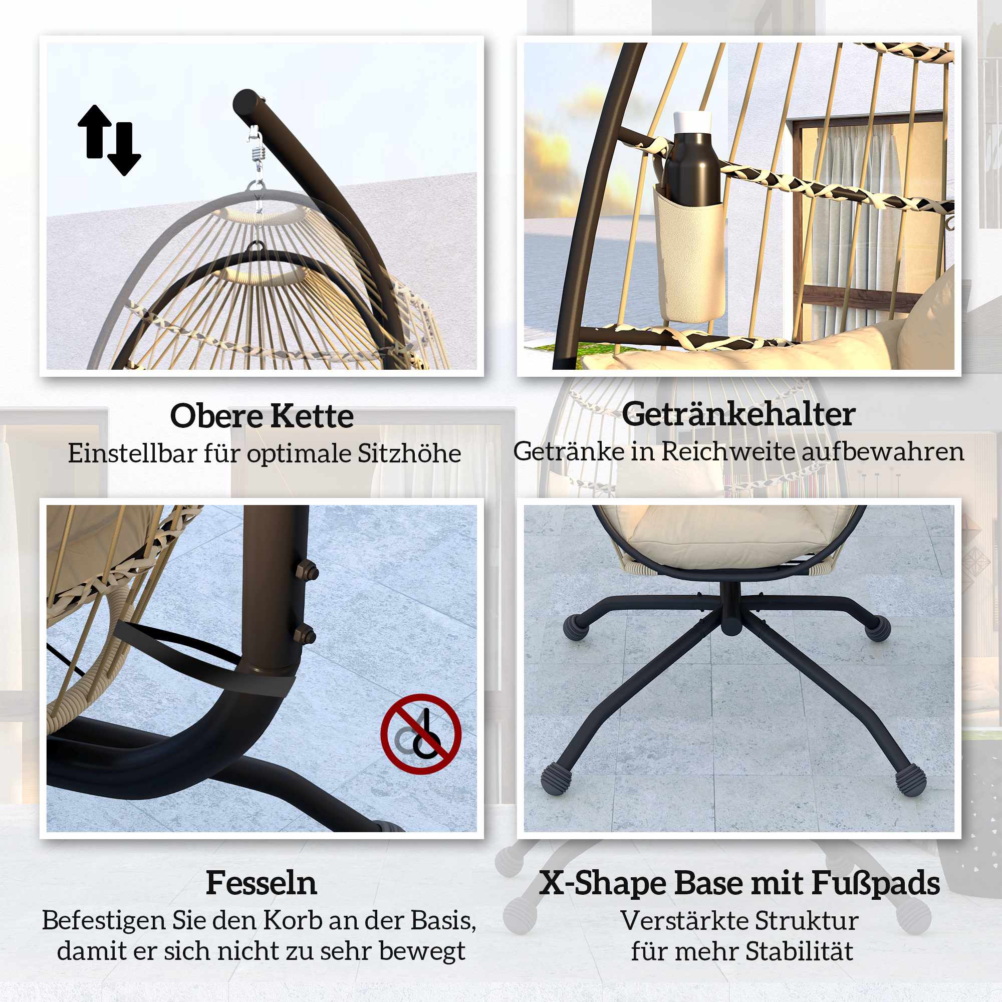 Hängande utomhusgungstol med hopfällbar korg, kuddar
