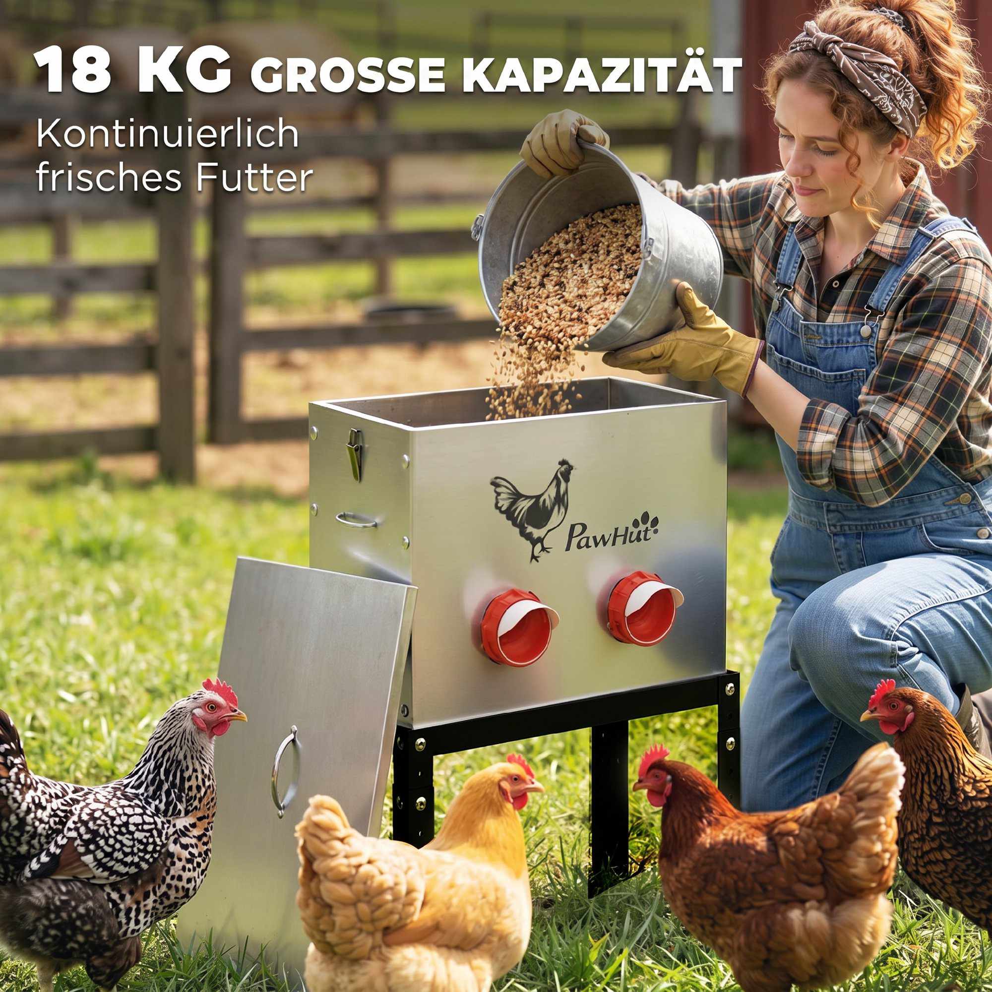 Hönsmatare 18 kg kapacitet, justerbara ben, 6 öppningar