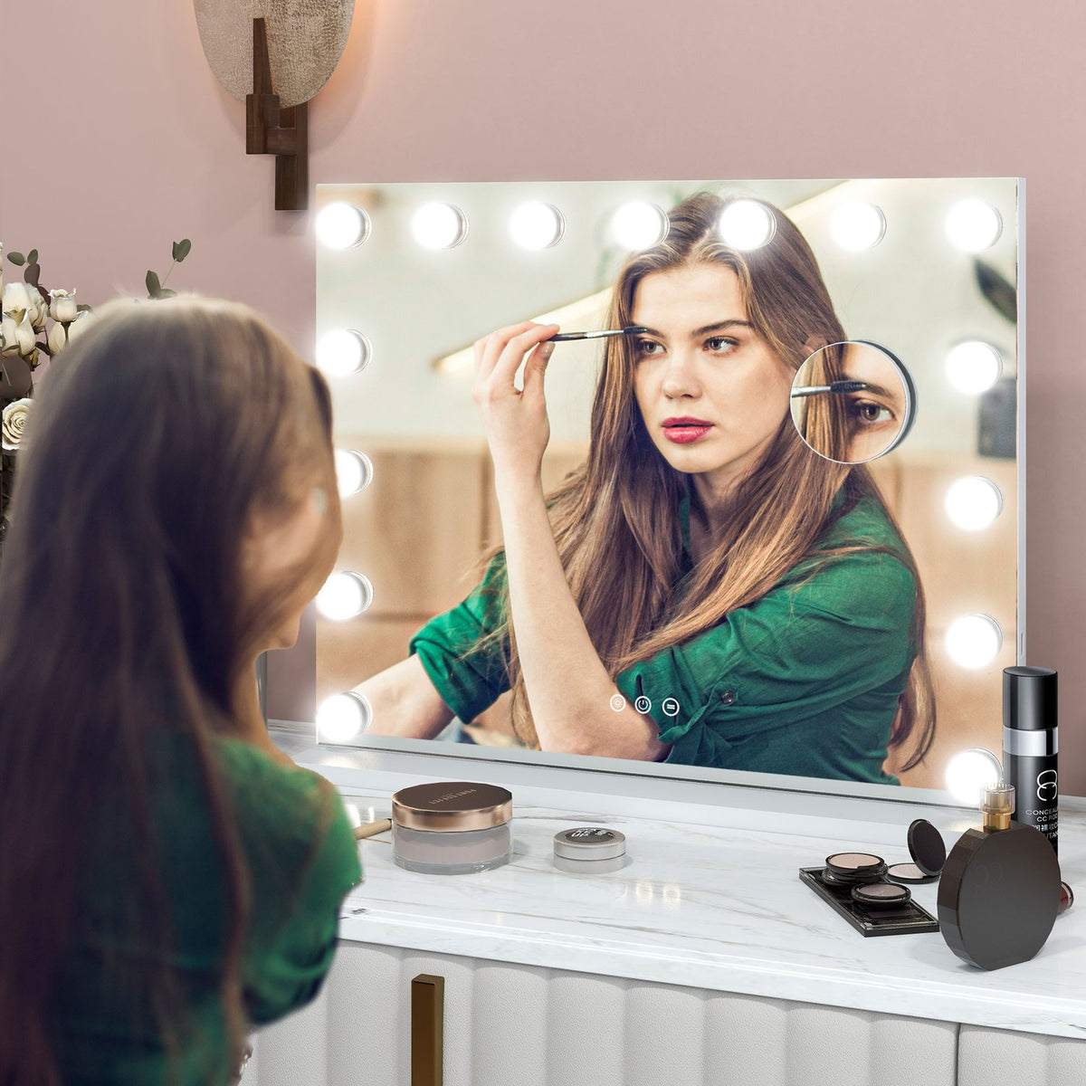 Miroir de maquillage Hollywood, 15 LED, 3 modes, grossissement 10X, USB