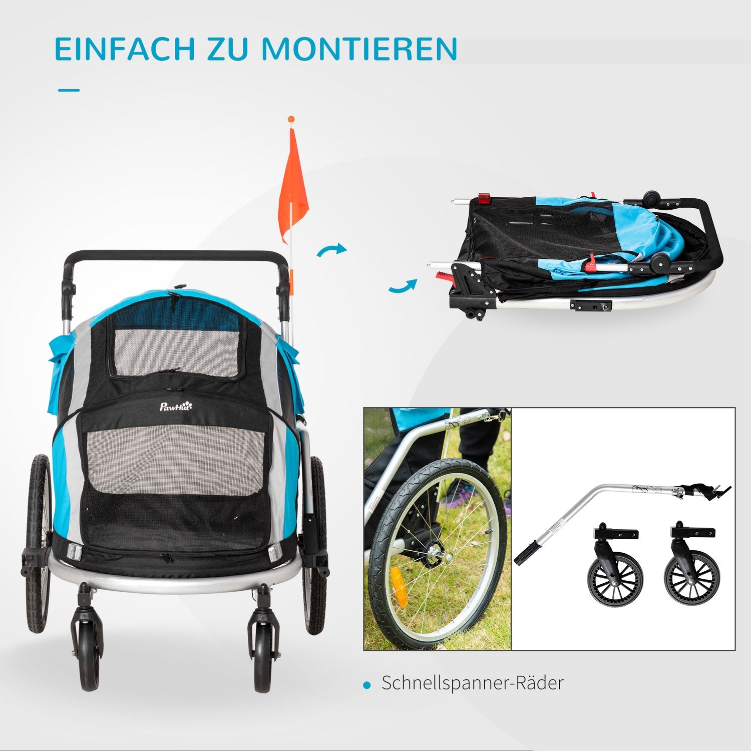 Hopfällbar 2-i-1 husdjurscykelvagn och transporter, blå/silver