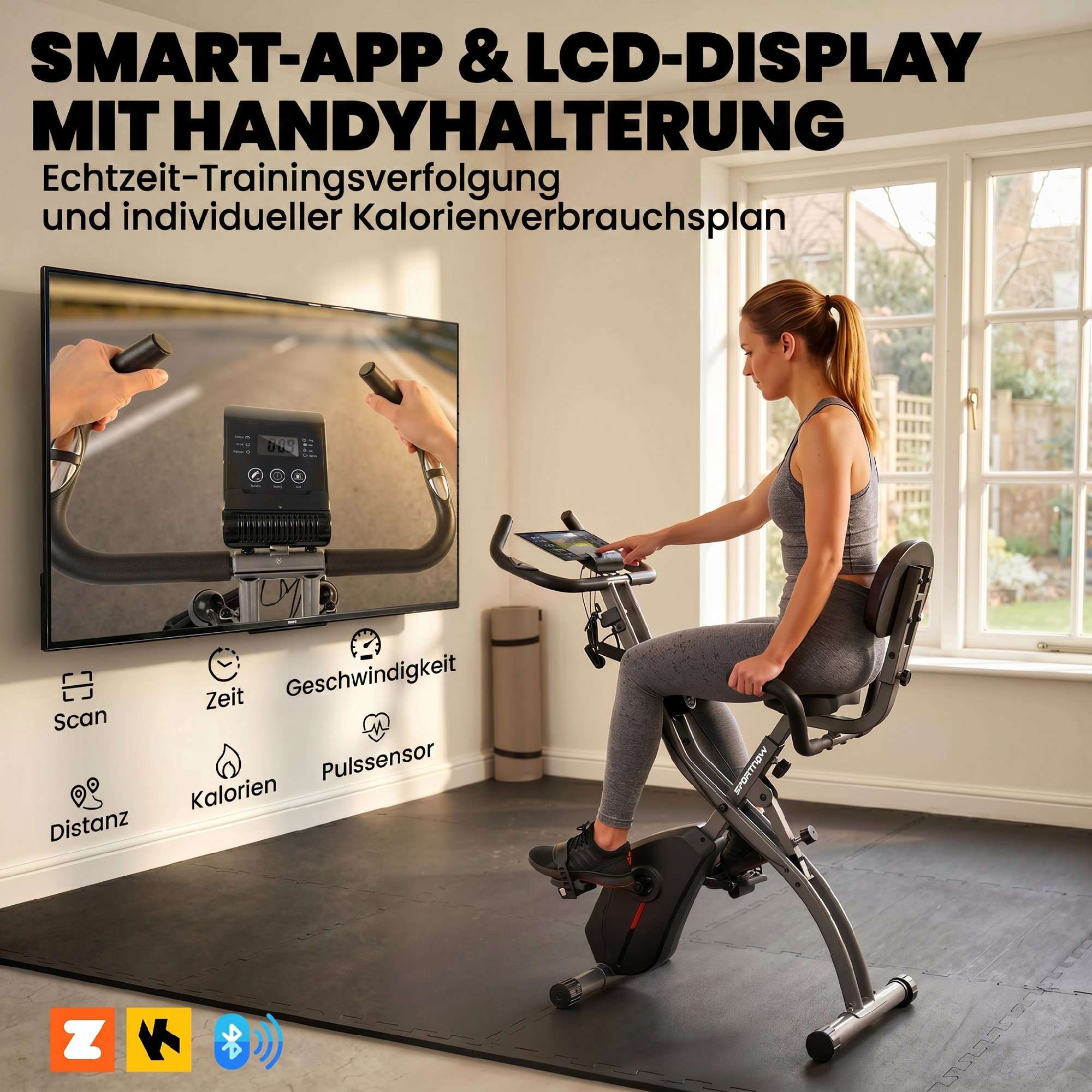 Hopfällbar 3-i-1-motionscykel, Bluetooth LCD, Pulsmätare, Tyst