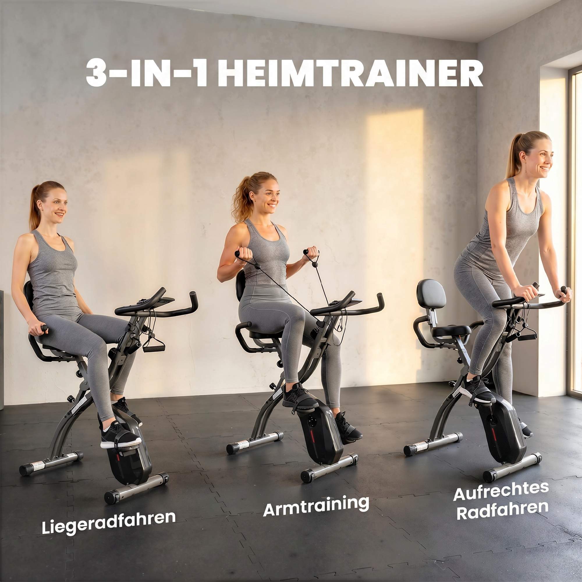 Hopfällbar 3-i-1-motionscykel, Bluetooth LCD, Pulsmätare, Tyst