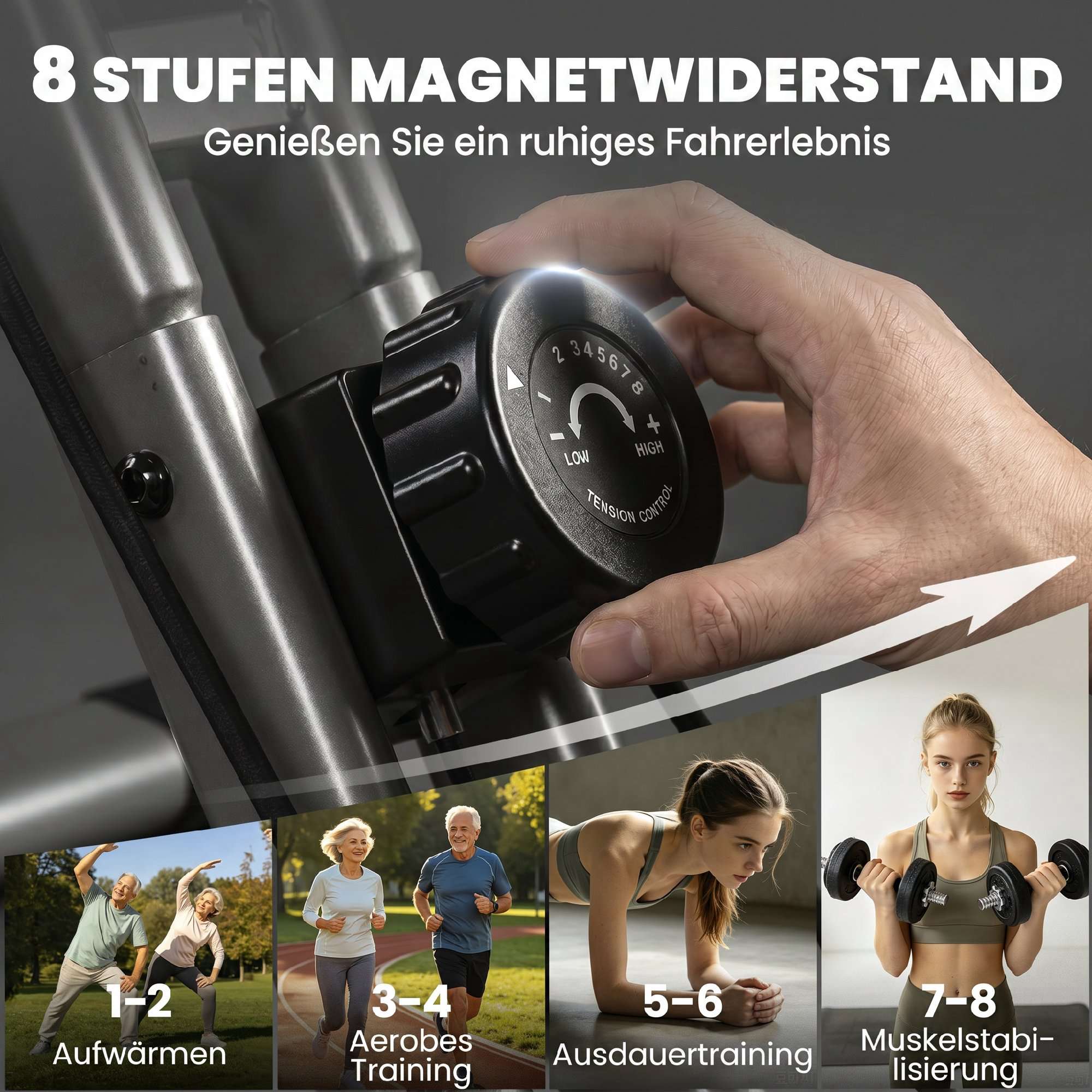 Hopfällbar 3-i-1-motionscykel, Bluetooth LCD, Pulsmätare, Tyst