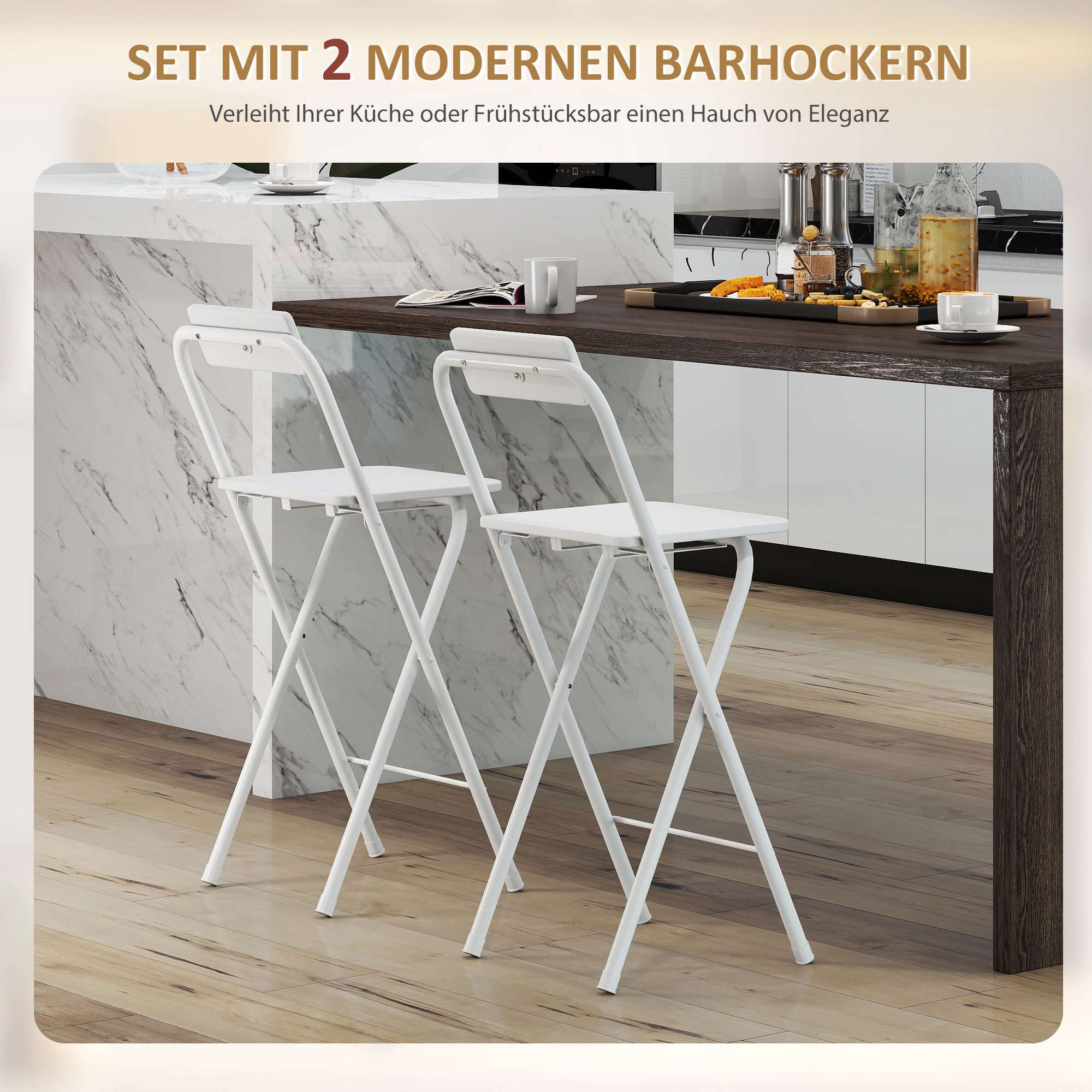 Hopfällbara barstolar, set om 2 med stålram, vit