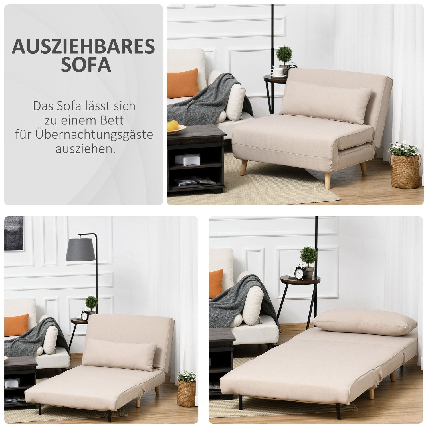 Hopfällbar bäddsoffa med justerbart ryggstöd, linne-look