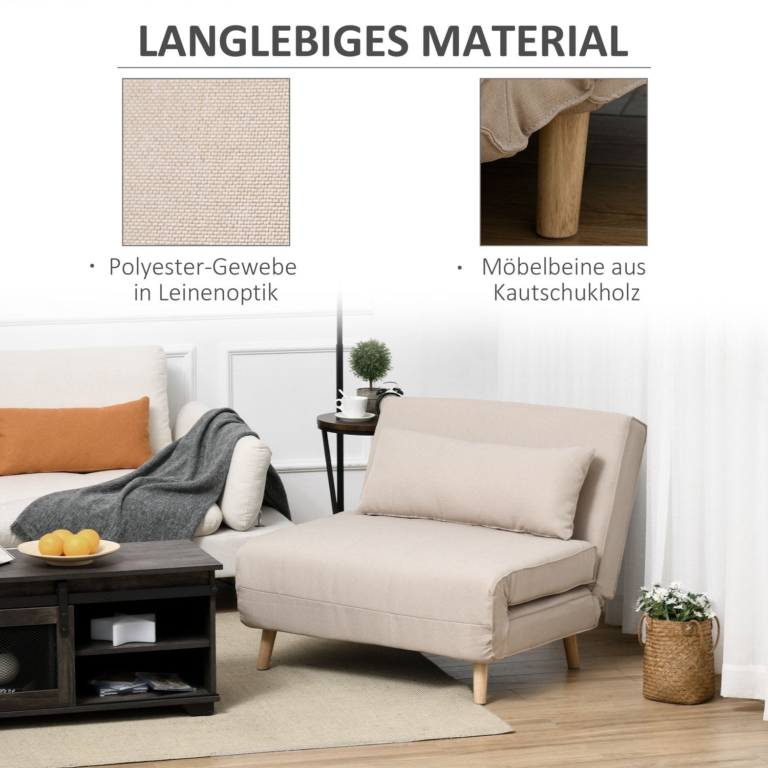 Hopfällbar bäddsoffa med justerbart ryggstöd, linne-look