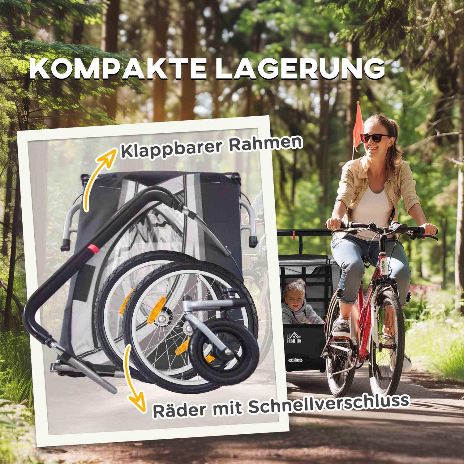 Hopfällbar cykelbarnvagn för 2, 18+ månader, grå