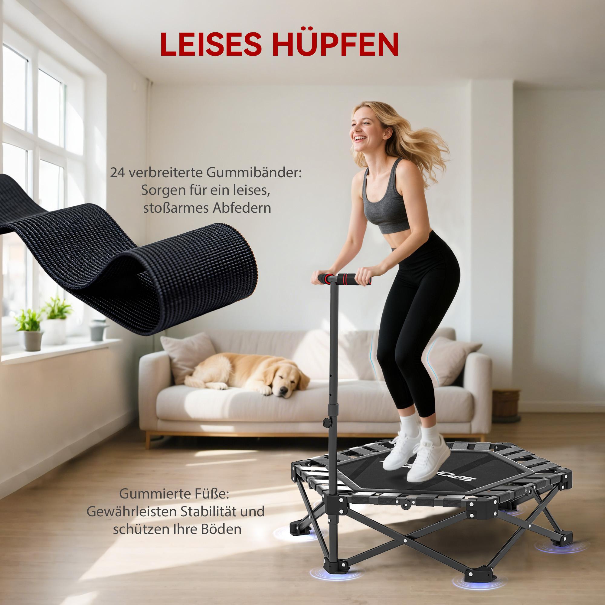 Hopfällbar fitnesstrampolin med justerbar T-stång, 120 kg kapacitet