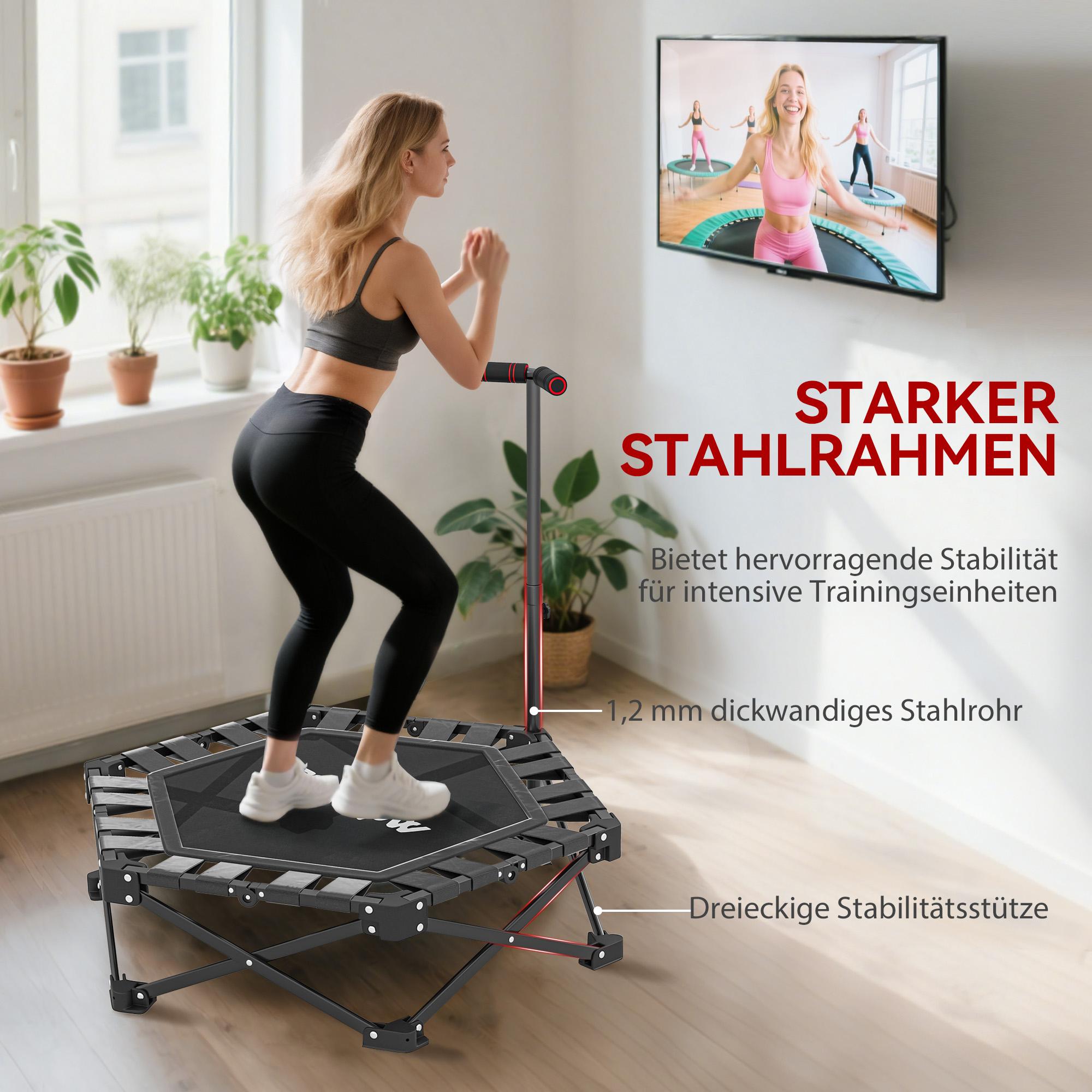 Hopfällbar fitnesstrampolin med justerbar T-stång, 120 kg kapacitet