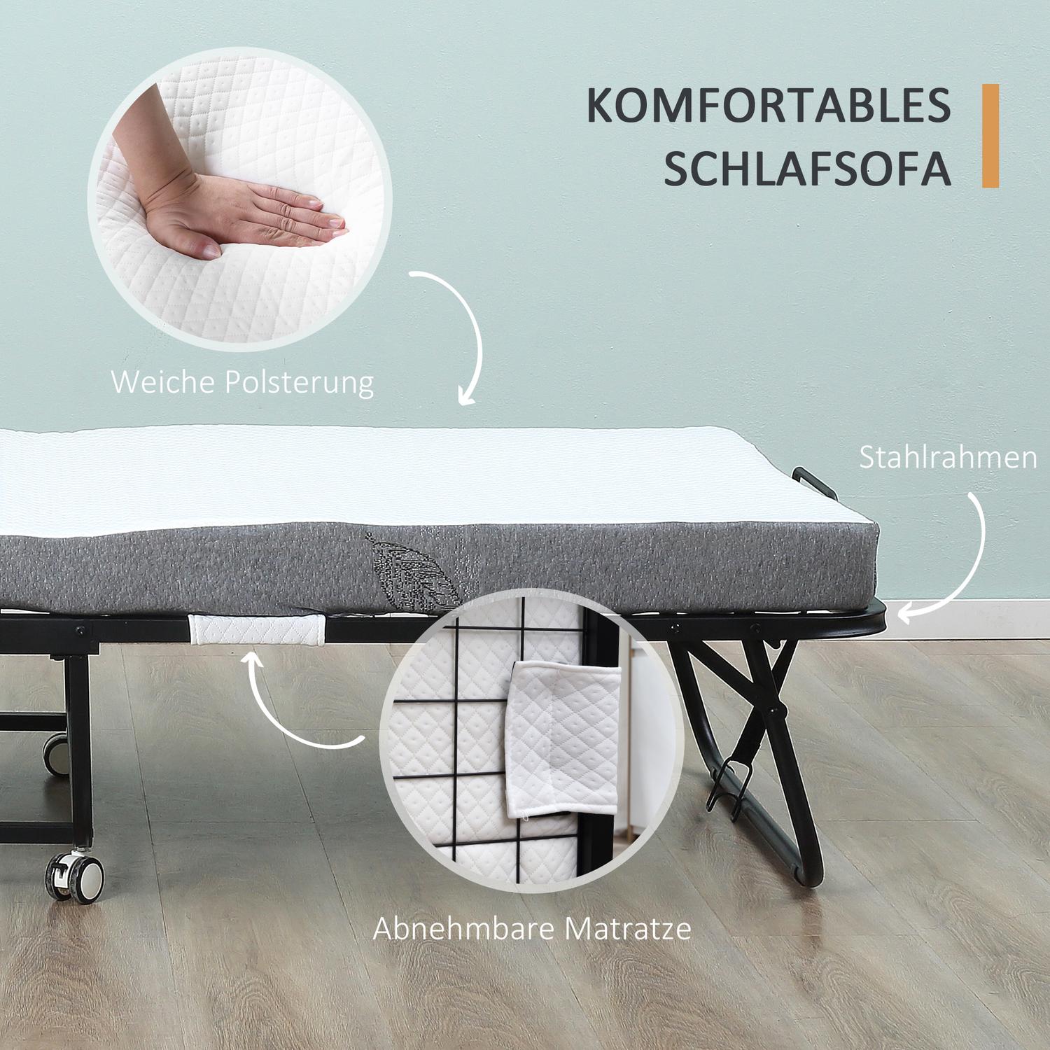Hopfällbar gästsäng med madrass, hjul, stålram