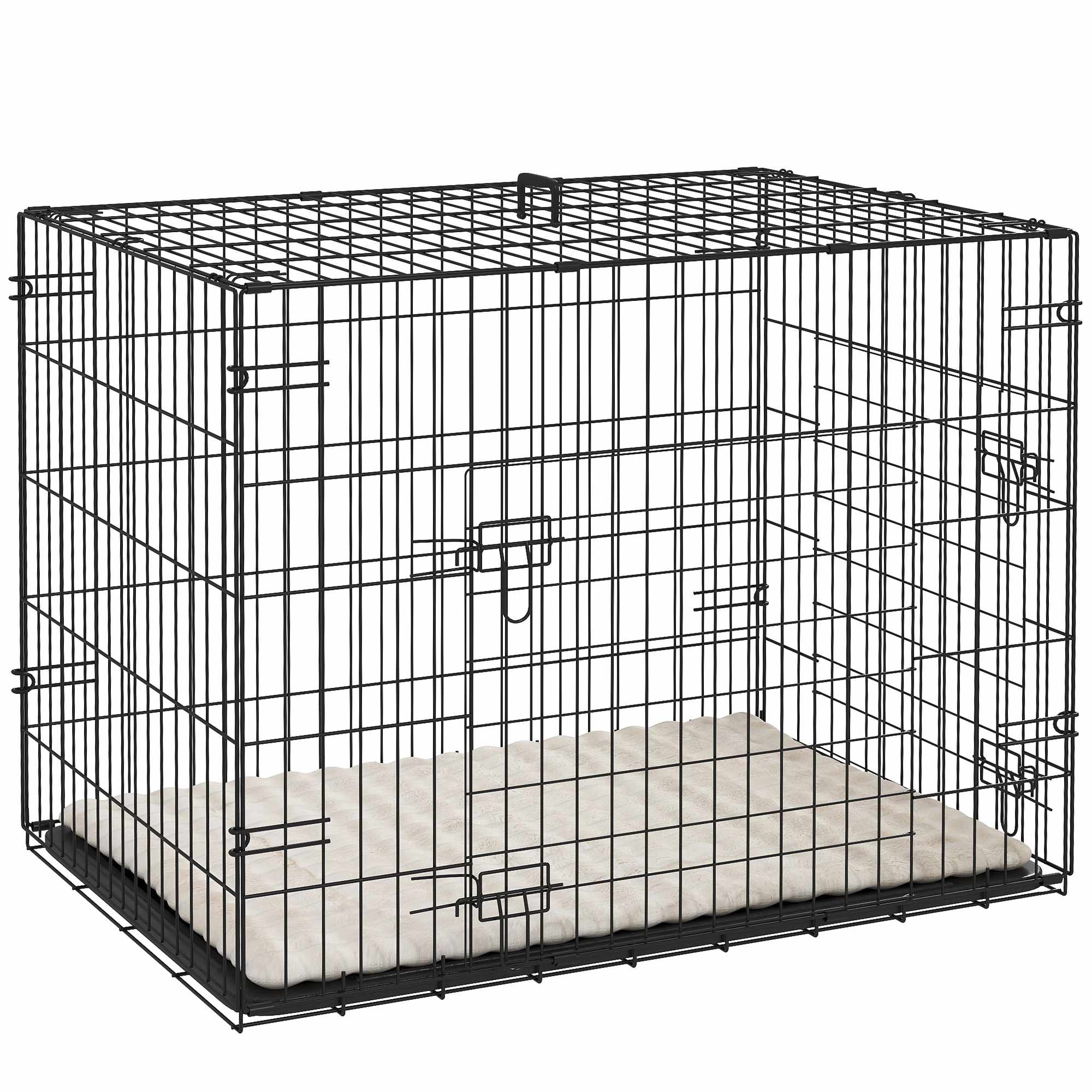Hopfällbar hundbur med 2 dörrar, bricka, kudde, svart