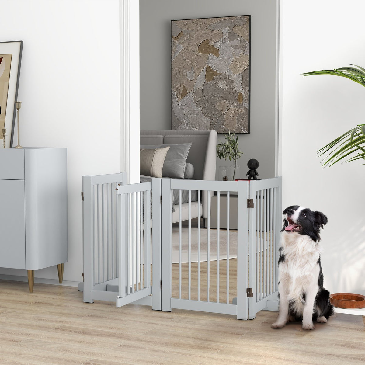 Barrière pour chien pliante en bois, autoportante, gris clair, 204x75 cm
