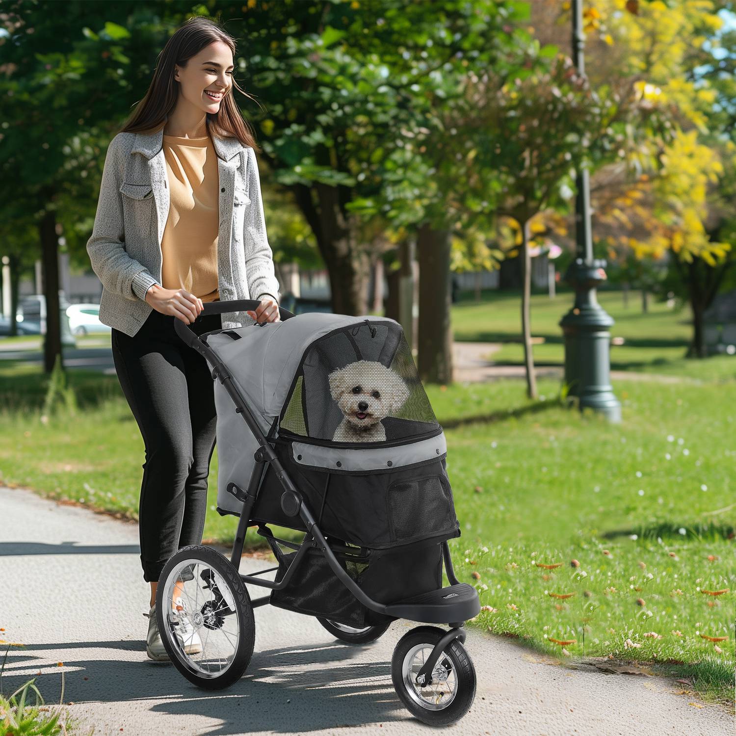 Hopfällbar hund- och kattvagn, 3-hjulig, upp till 10 kg, grå