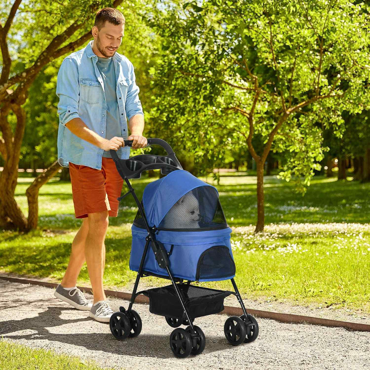 Klappbarer Haustierbuggy für kleine Hunde und Katzen, blau