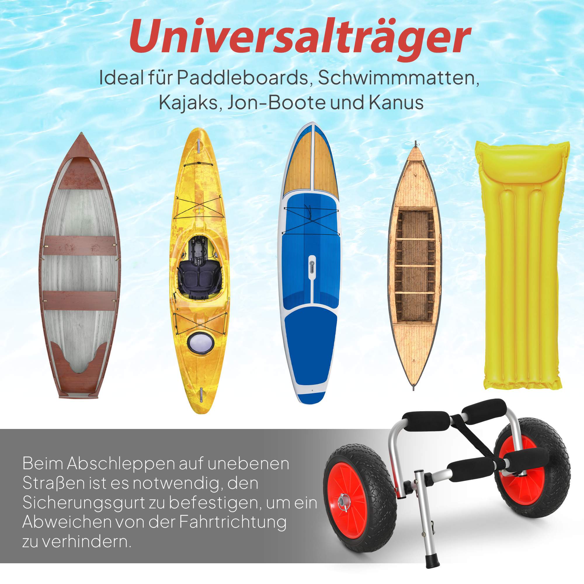 Hopfällbar kajakvagn i aluminium med remmar, 70 kg kapacitet