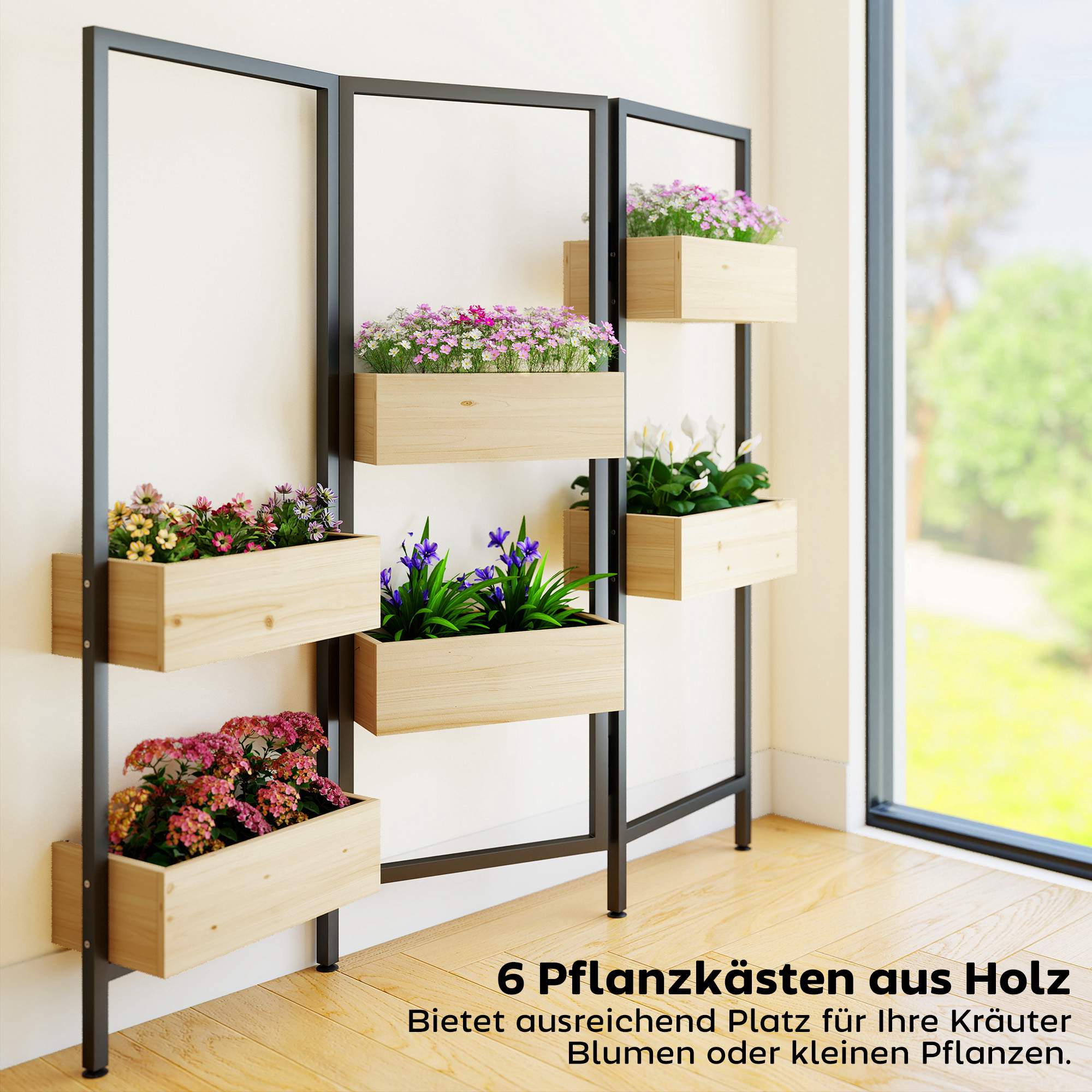 Hopfällbar planteringsavdelare – 6 trälådor, stålram