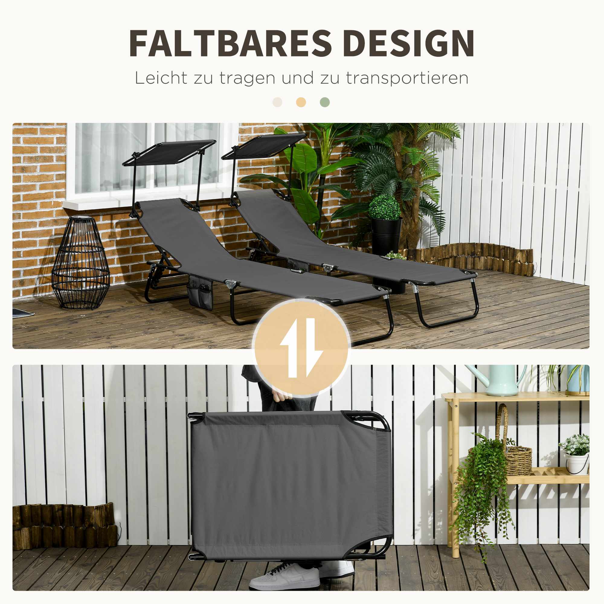 Hopfällbar solsäng med tak, ryggstöd med 5 positioner