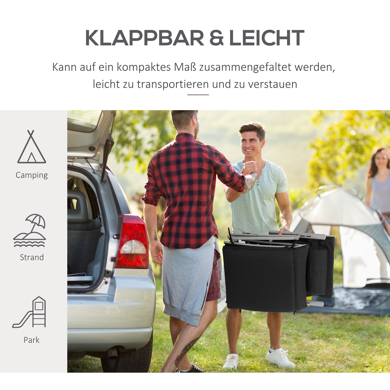 Hopfällbar strandstol, justerbar med dyna, svart