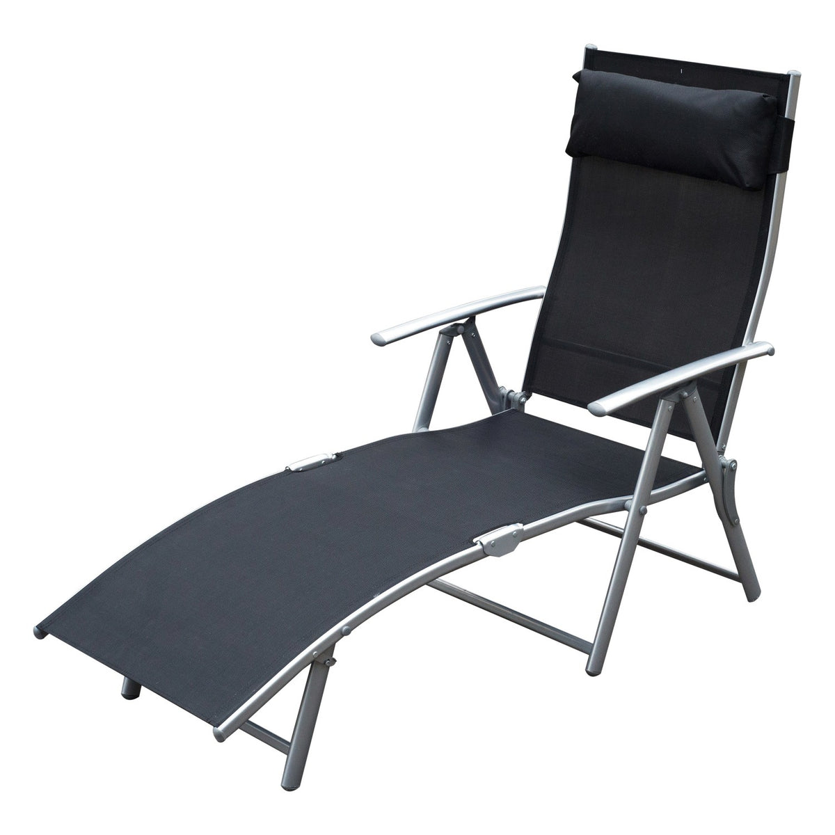 Klappbarer Strandstuhl mit Kissen, schwarzes Metall und Gewebe