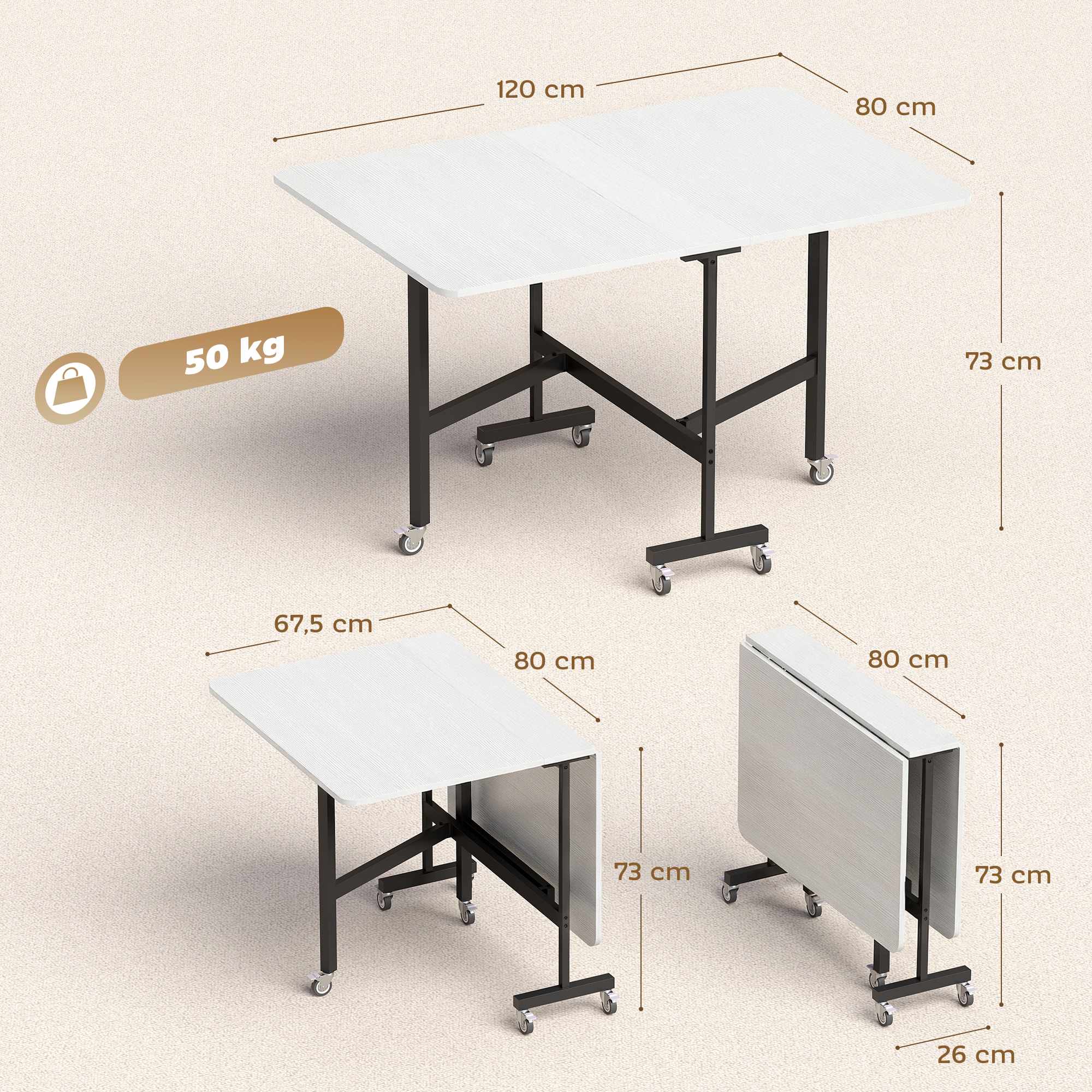 Hopfällbart matbord, plats för 6, stålram, vit