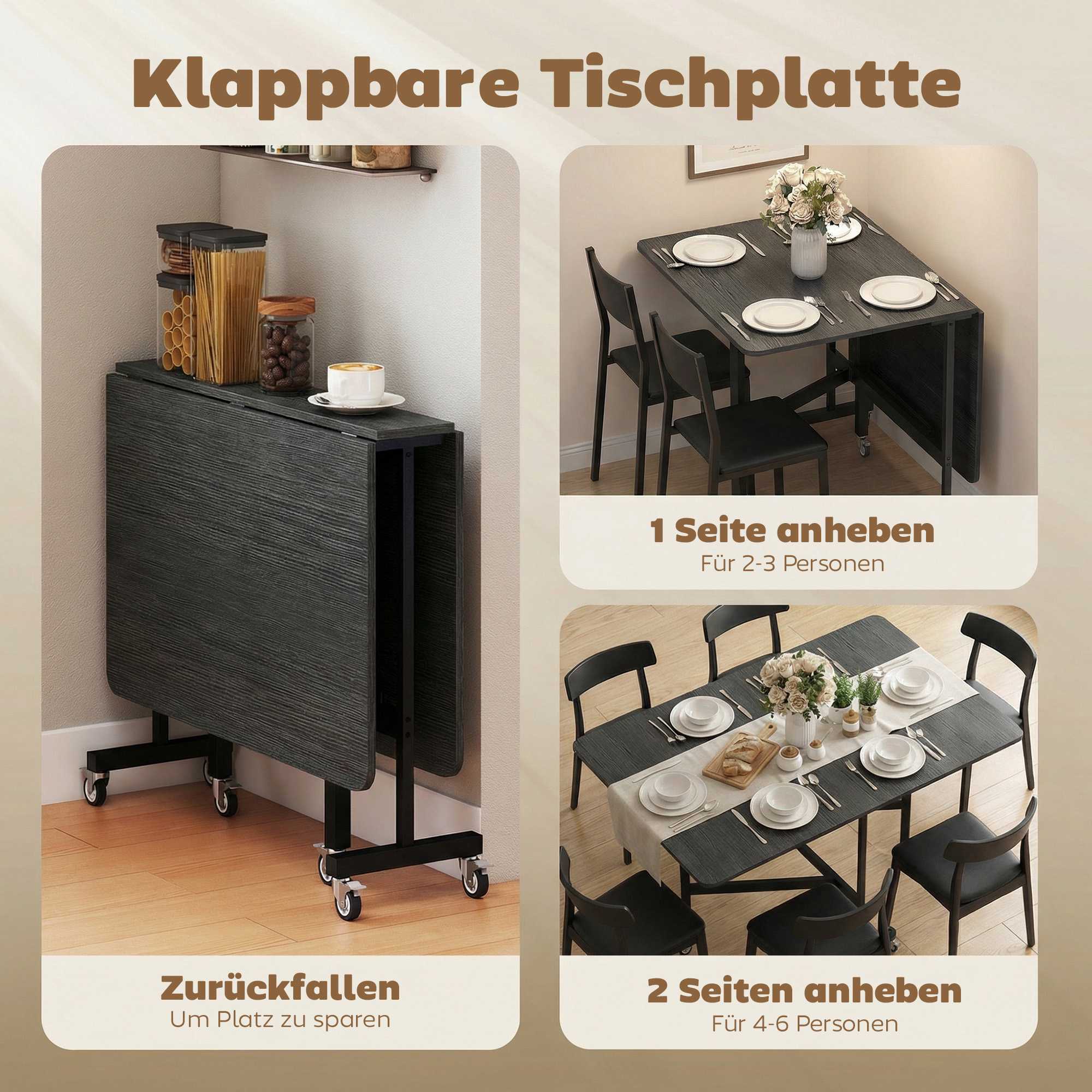 Hopfällbart matbord, plats för 6, svart stålram, platsbesparande