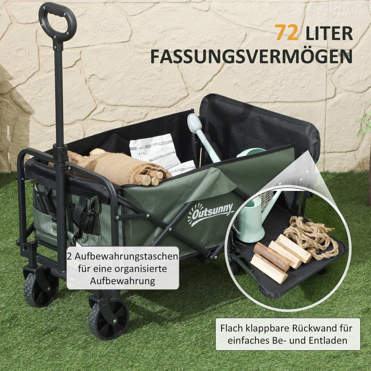 Hopfällbar trädgårdsvagn, 72L kapacitet, 90 kg belastning, grön