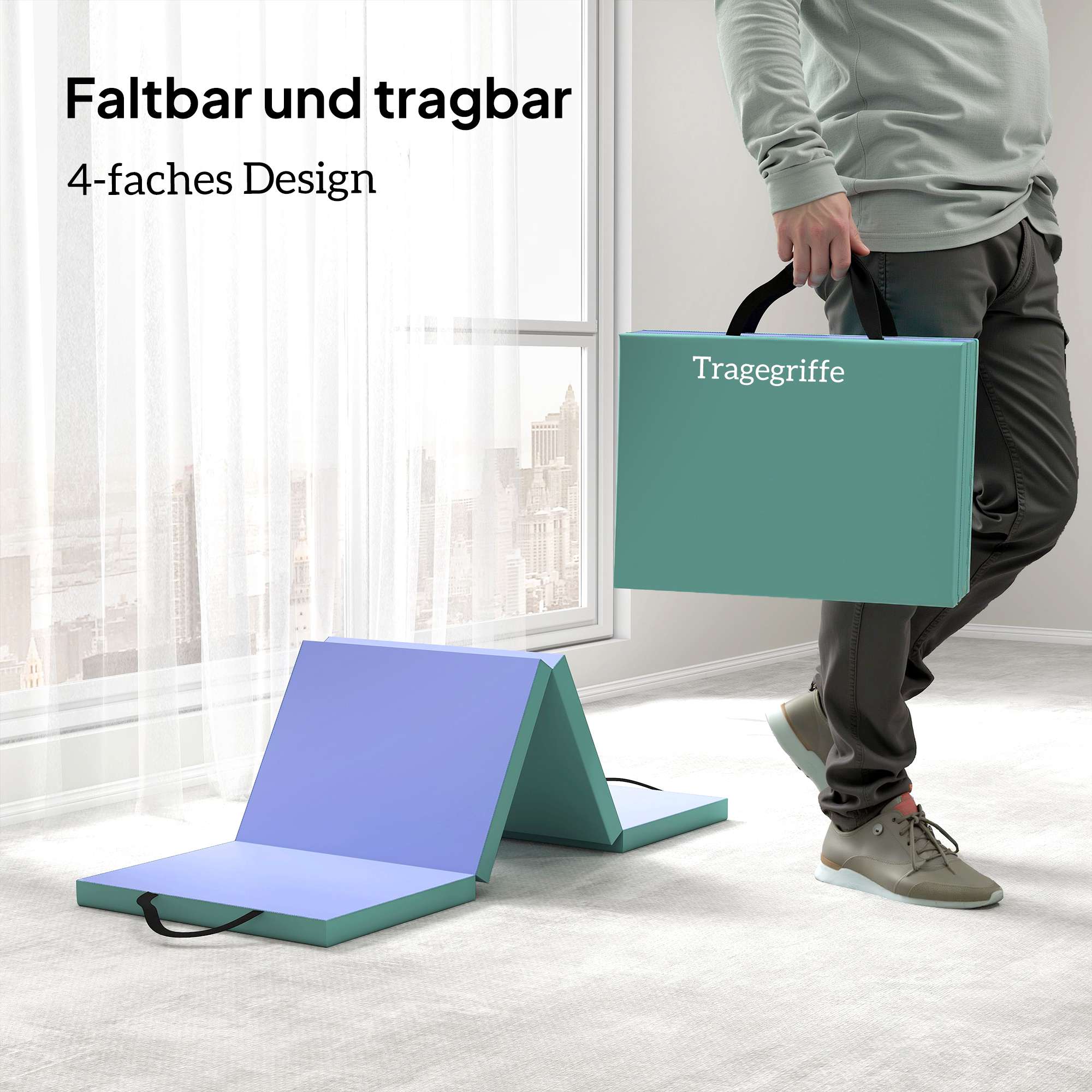 Hopfällbar träningsmatta med handtag, 180x60x5 cm, grön/lila