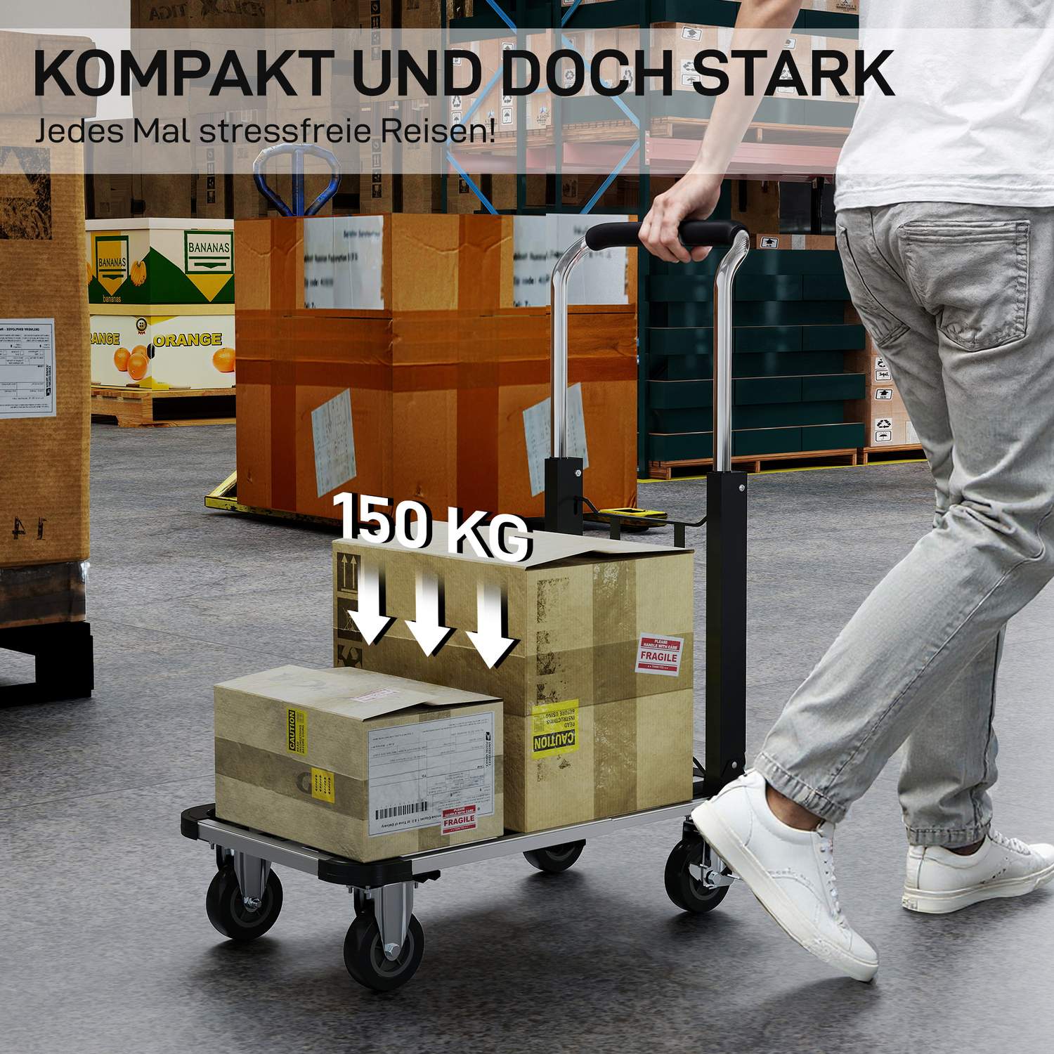 Hopfällbar vagn, 150 kg kapacitet, justerbart handtag, svart