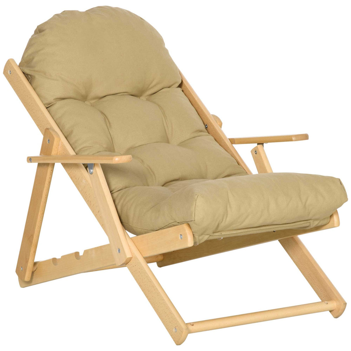 Chaise longue pliante, revêtement en lin, bois de hêtre, marron