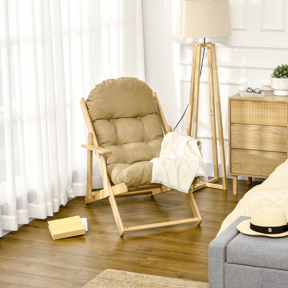 Chaise longue pliante, revêtement en lin, bois de hêtre, marron