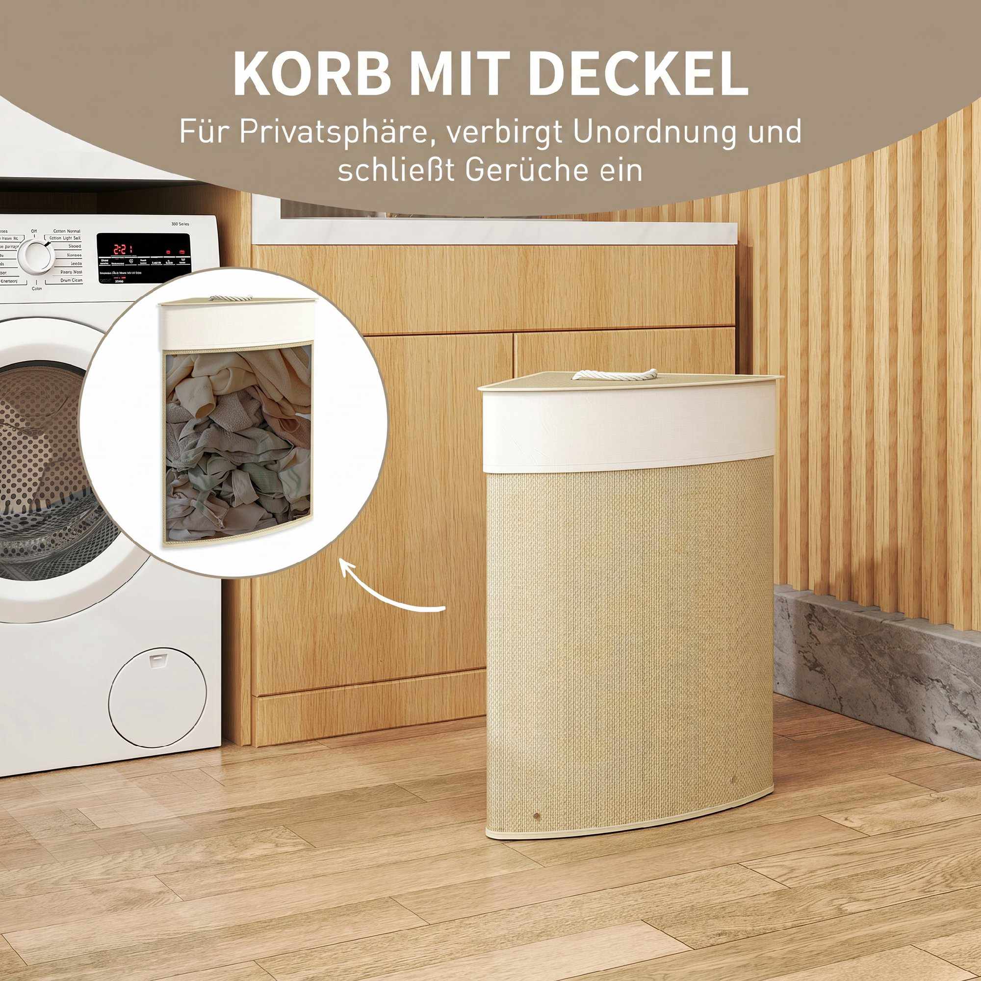 Hörntvättkorg i bambu med lock, 55 l, krämfärgad