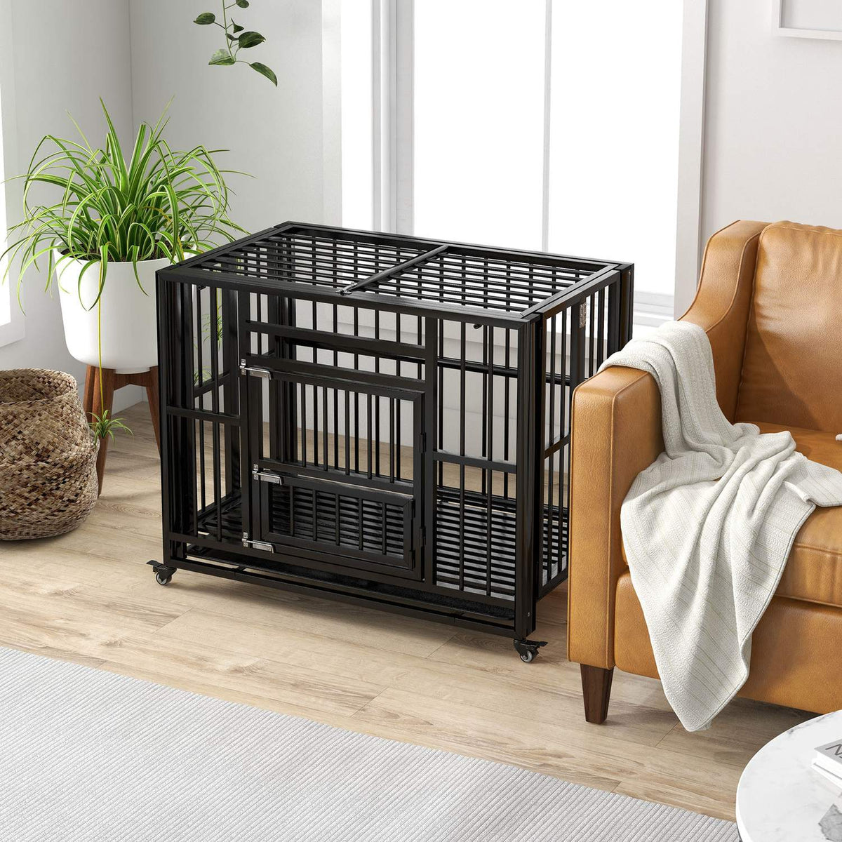 Gabbia per cani in acciaio con ruote & doppie ante, 94x58x78 cm