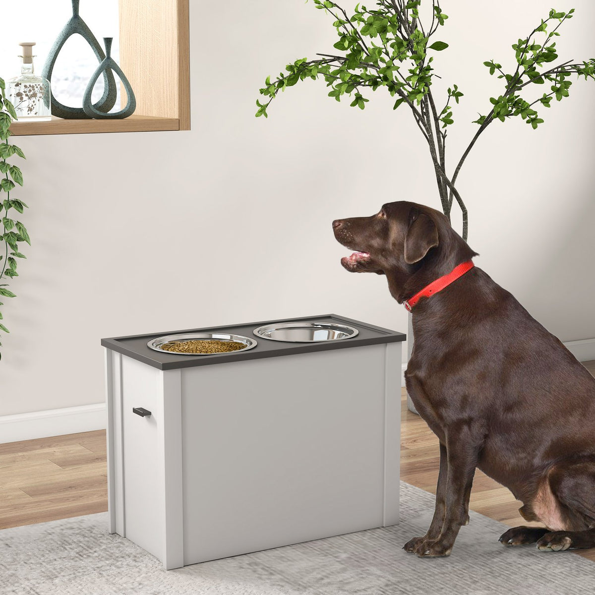 Station d'alimentation pour chien avec rangement & gamelles 2L - blanc