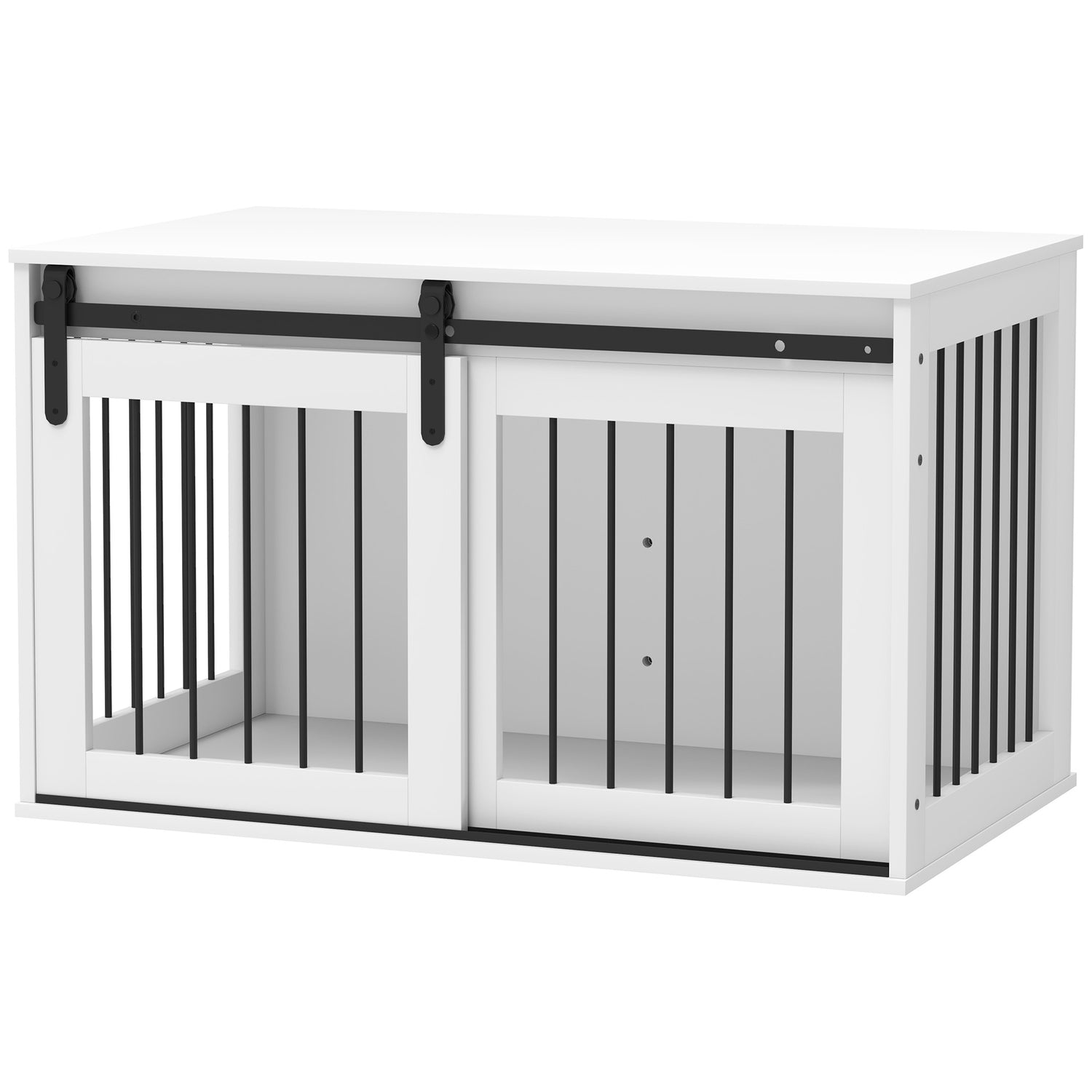 Hundlåda med skjutdörr, ventilation, spånskiva och stål, 98 x 58 x 61 cm, Vit