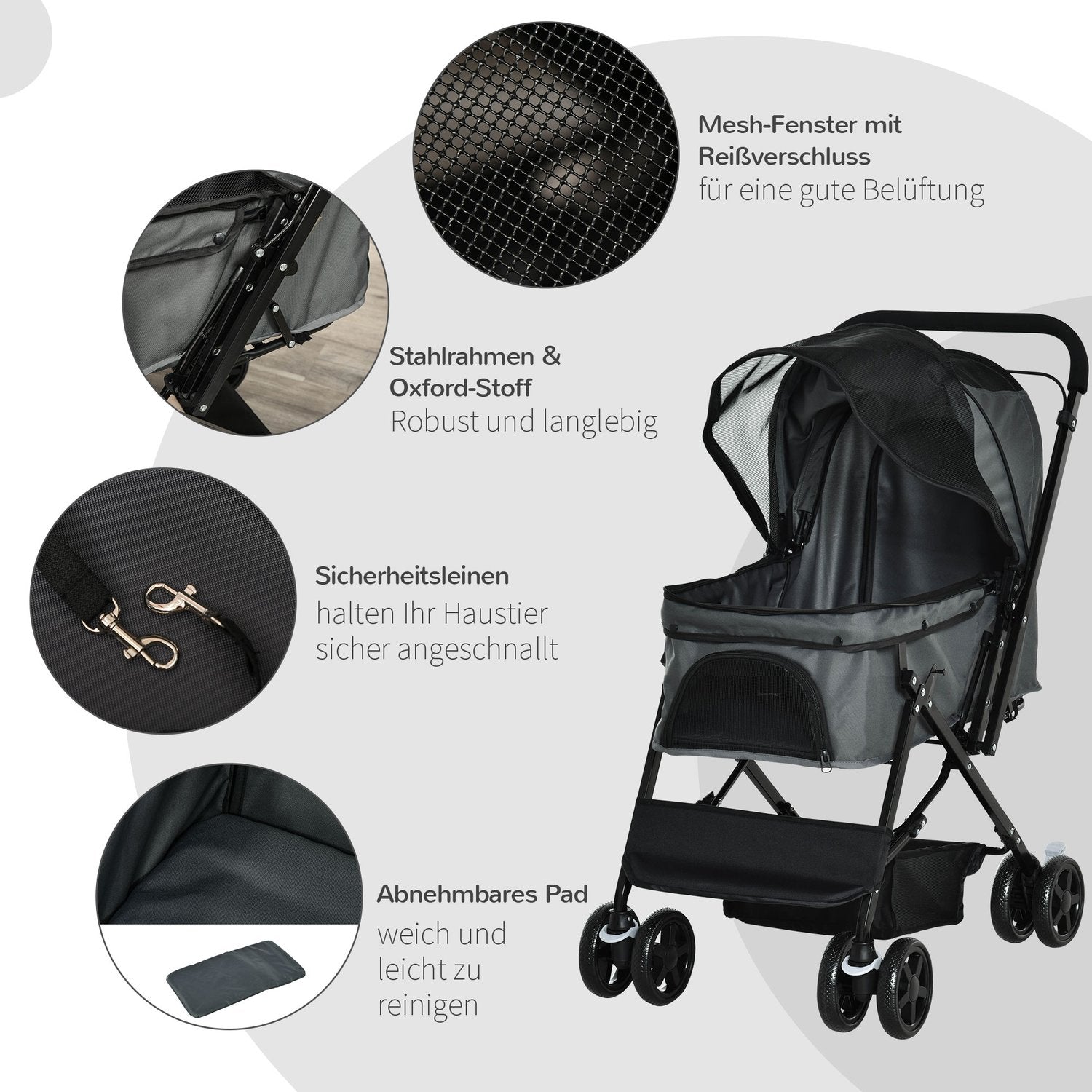 Hundvagn, Buggy för små husdjur, mörkgrå Oxford 76,5 cm
