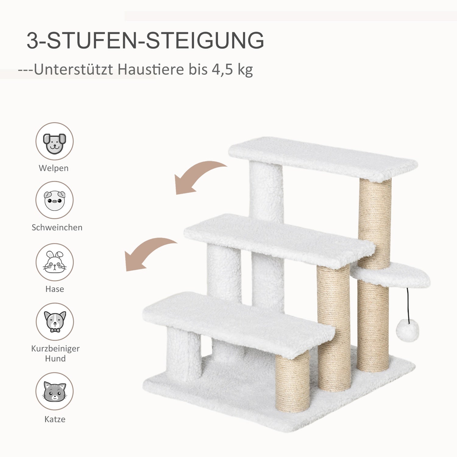 Husdjurstrappor och skrapstolpe, 3 steg, plysch/jute, vit