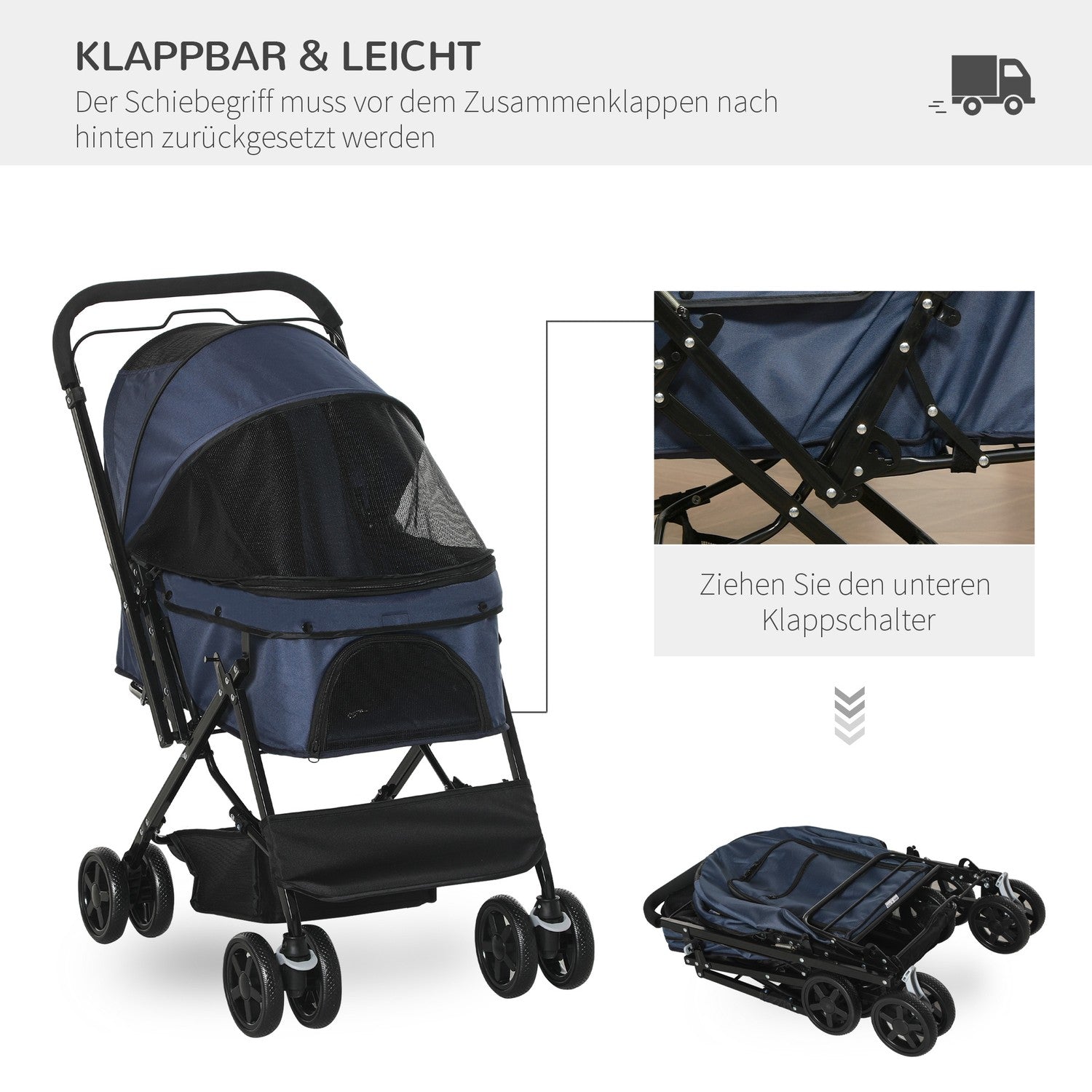 Husdjursvagn för små hundar & katter, Oxford Blue 76,5x52x95cm